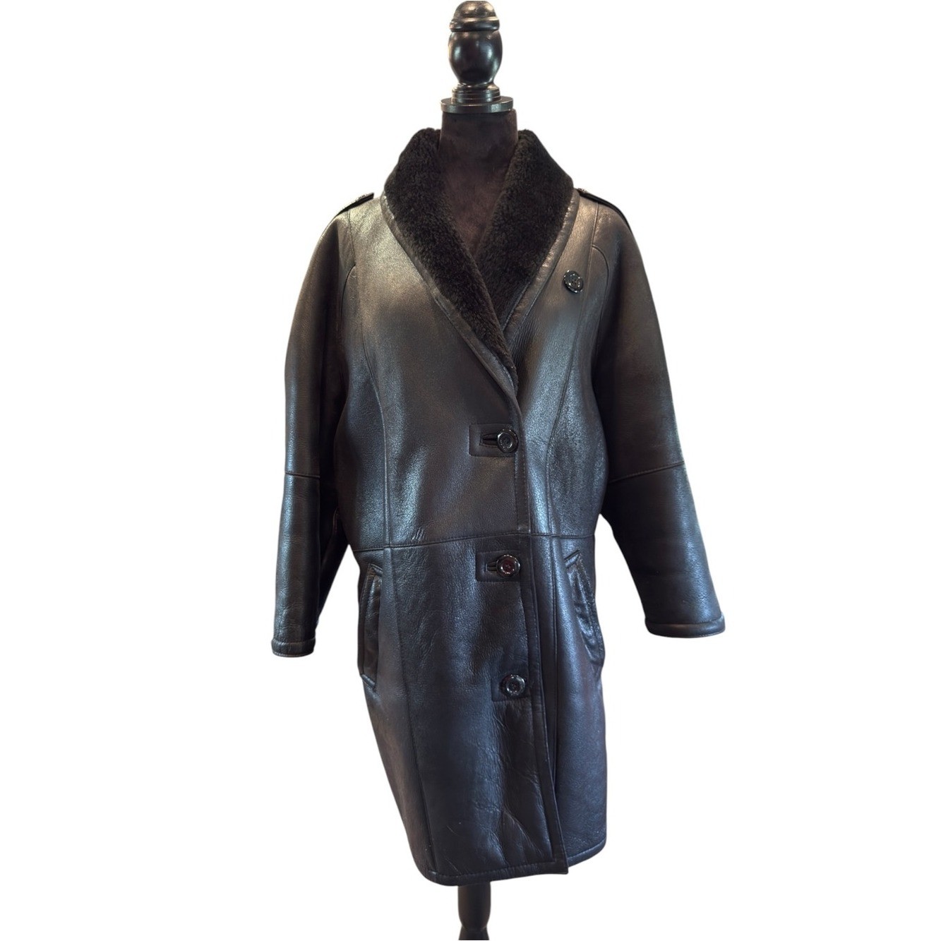 Montreal Sheepskin Genuine Shearling Coat Vintage 80s Black Leather Plush P/S