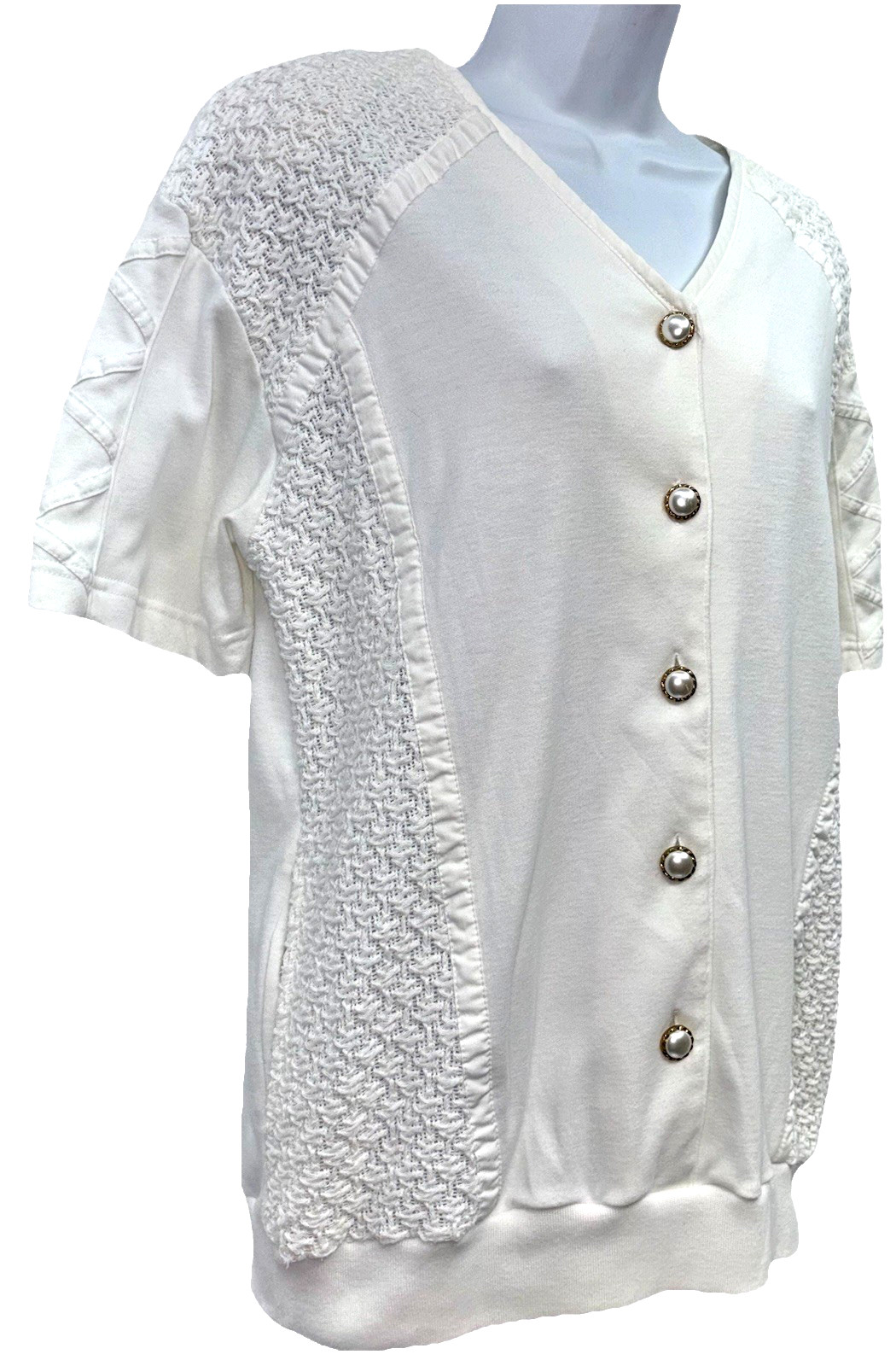 Vintage Rafael Women Size S Short Sleeve Button Up V-Neck Top White Side Pockets