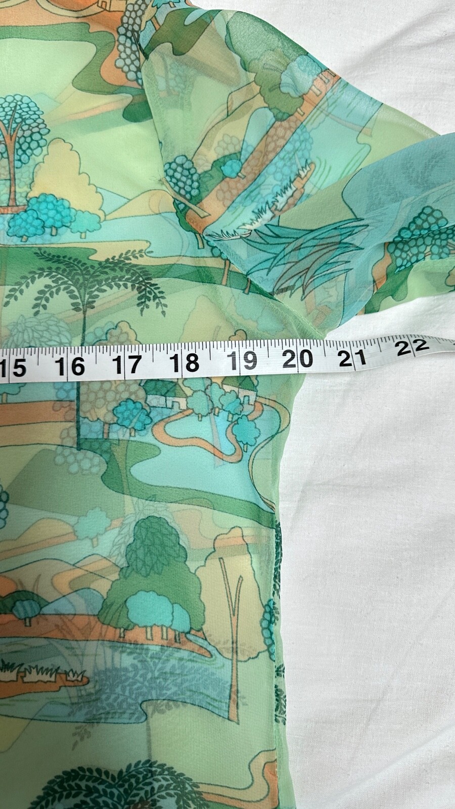 Sheer Button Down Shirt Aqua Dreamy Print Elegant Leisure Translucent Retro (M)