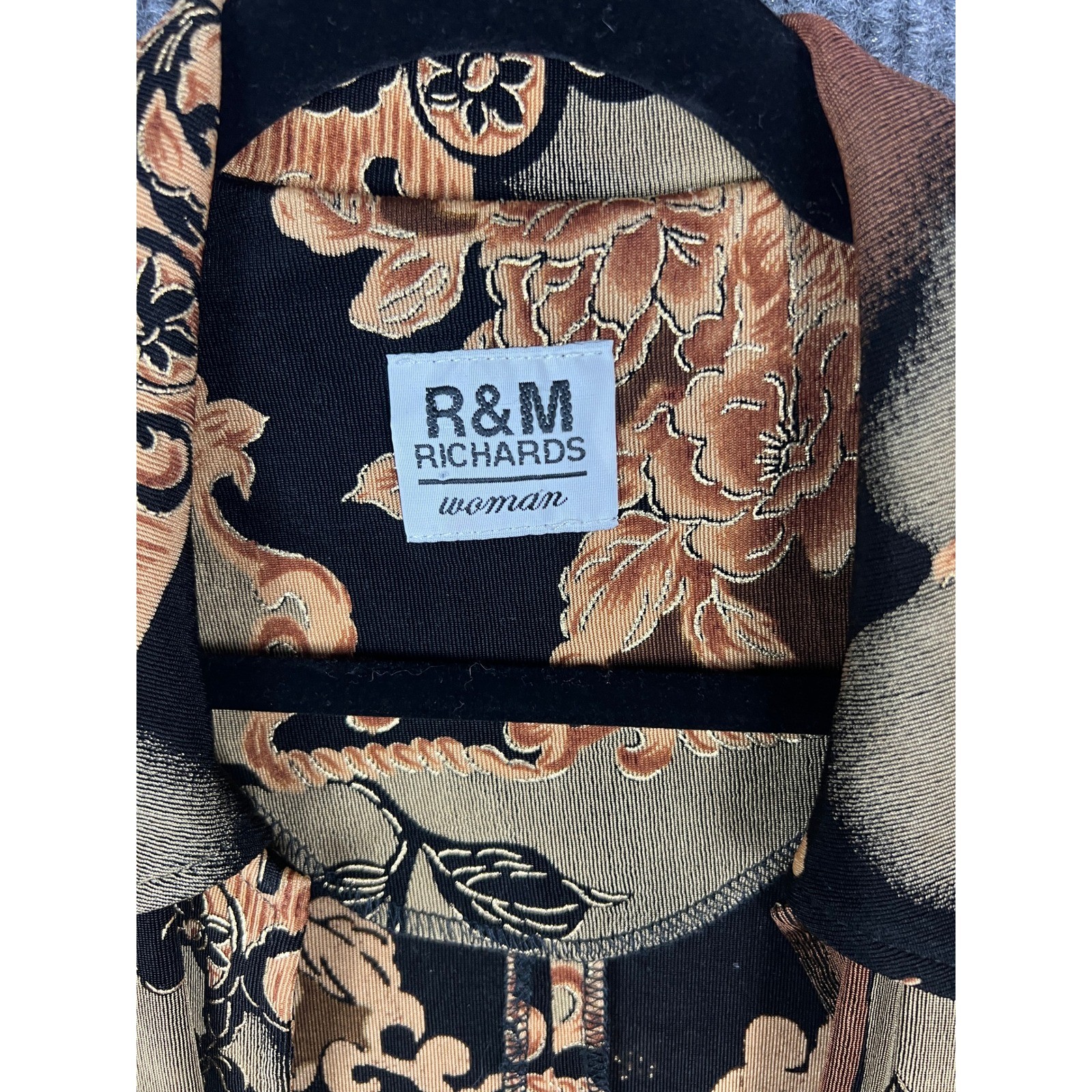 Vintage Whimsigoth Dark Romantic Floral Shirt R&M Richards L Metallic Slit Back