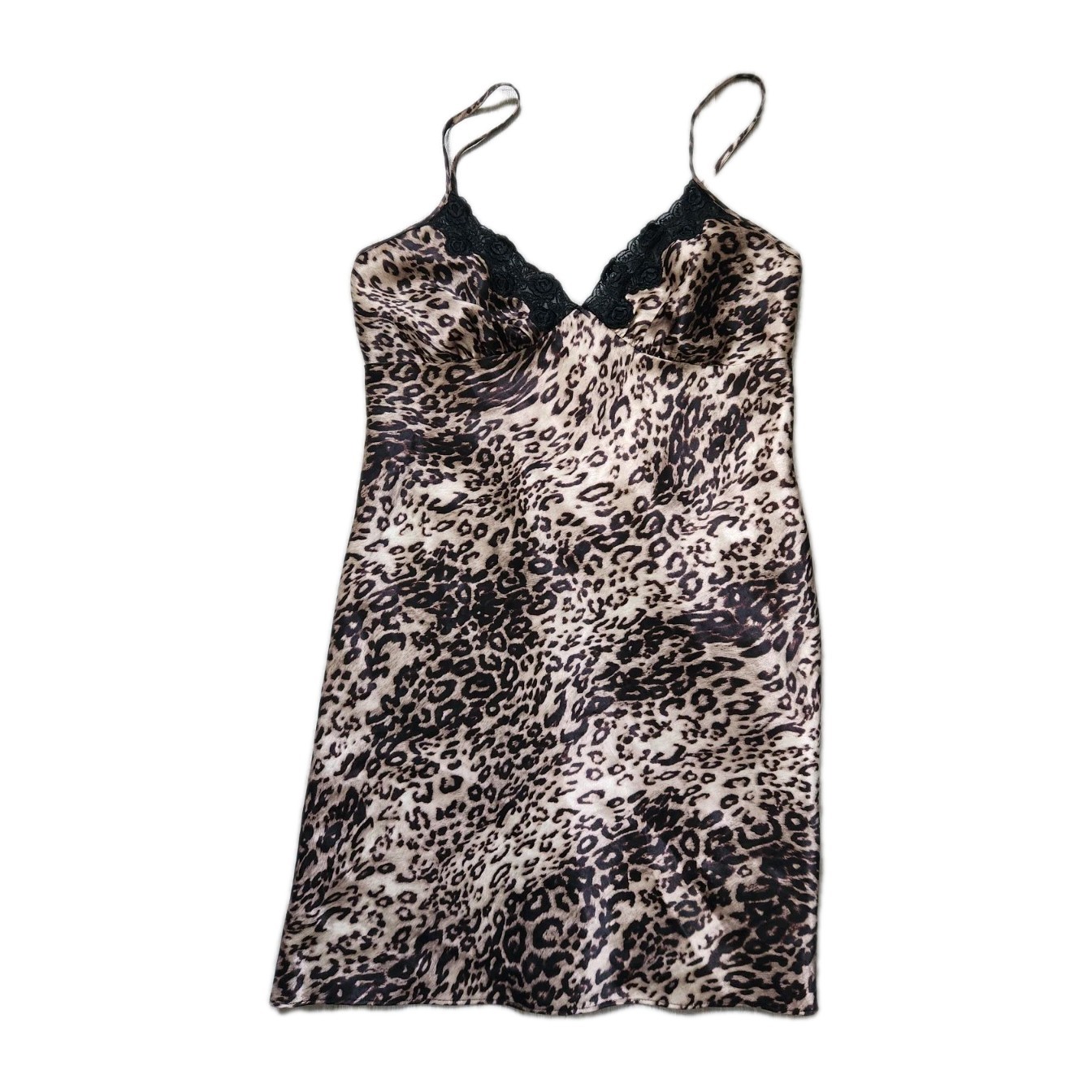 VTG Secret Treasures Leopard Satin Lace Trim Strappy Back Mini Slip Sz S EUC