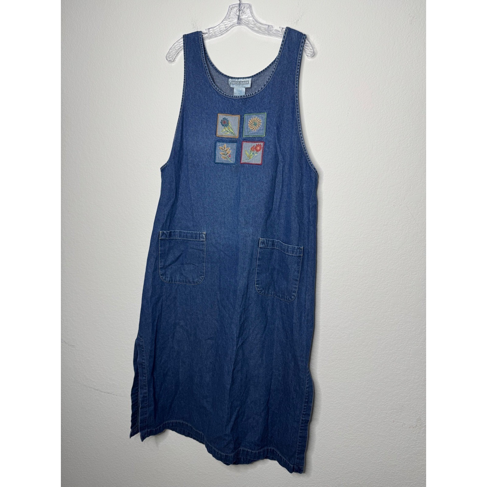 Dress Barn Denim Midi Dress Size 1X Blue Floral Embroidered Vintage Cottagecore