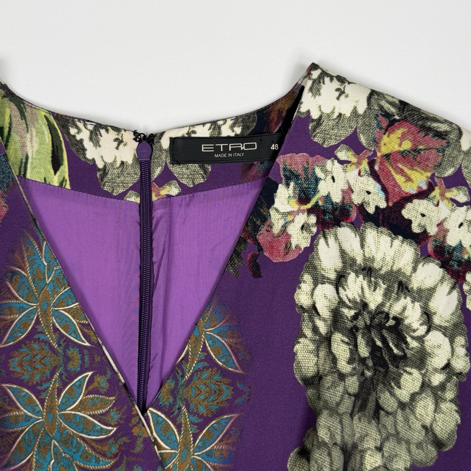 Etro Floral Colorful Paisley Print Short Sleeve V-Neck Midi Dress Womens IT 48