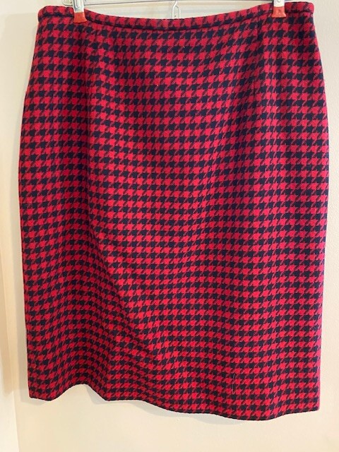 Vintage Rena Rowan for Saville Wool Jacket and Skirt Set Red Navy Houndstooth