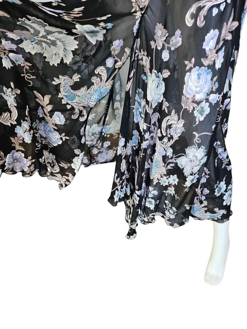 Temptations 1990 Black Rayon Gauze Floral Bias Cut Dress XL Piano Shawl Fringe