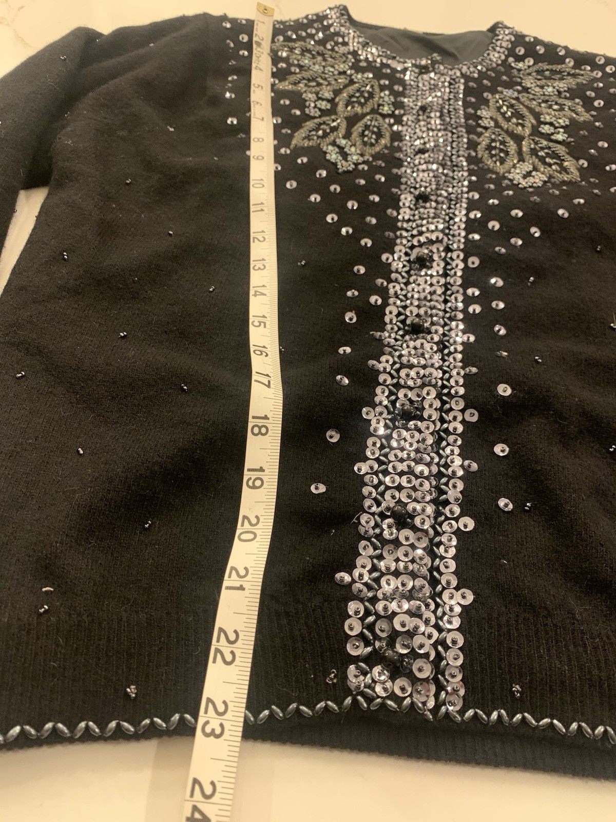 Vintage 60’s Black Beaded Sweater Silver Sequined Wool Blend Size 42 USA 10