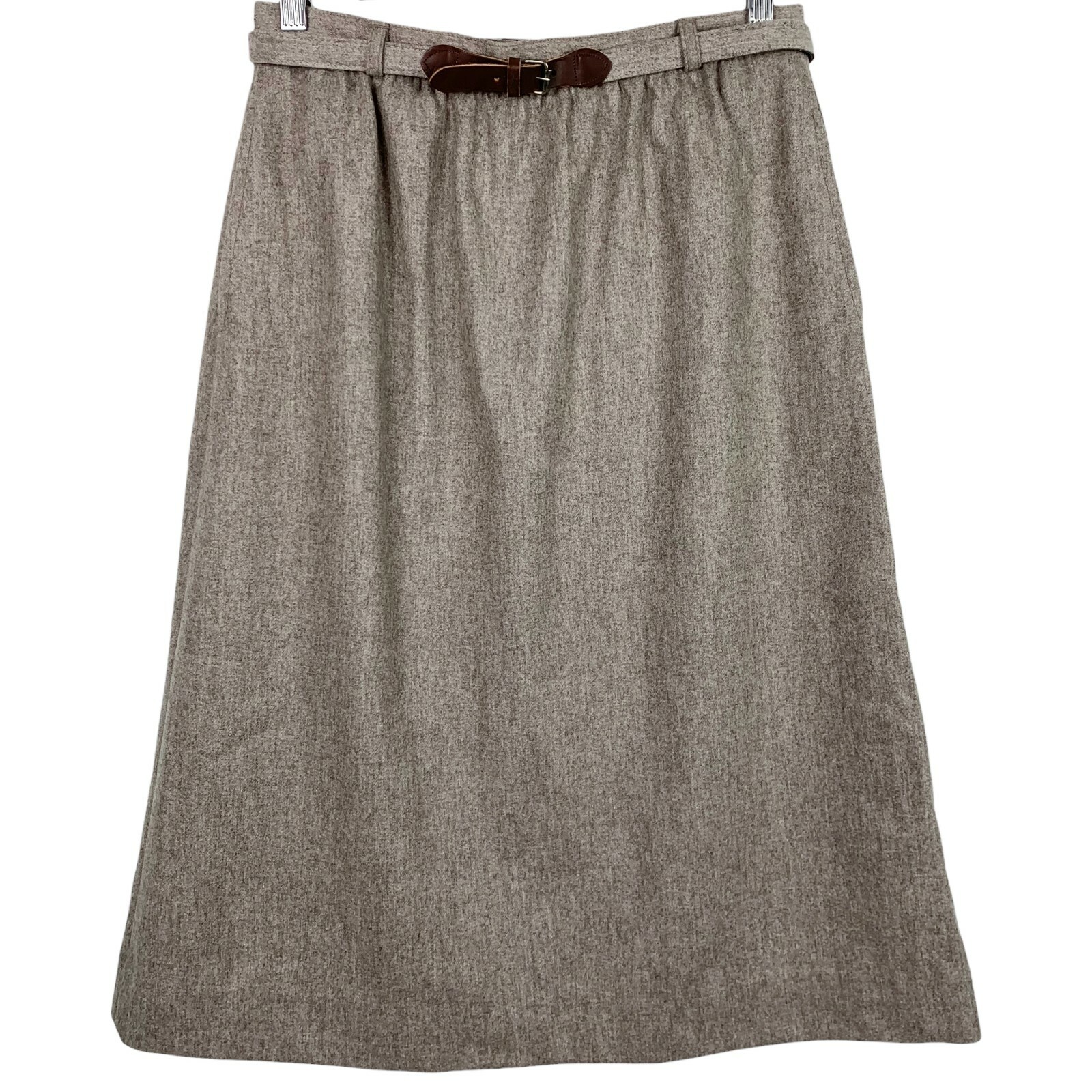 Vintage Wool Skirt Size 14 Lined Pockets Belted Gray Beige Knee Length FLAW