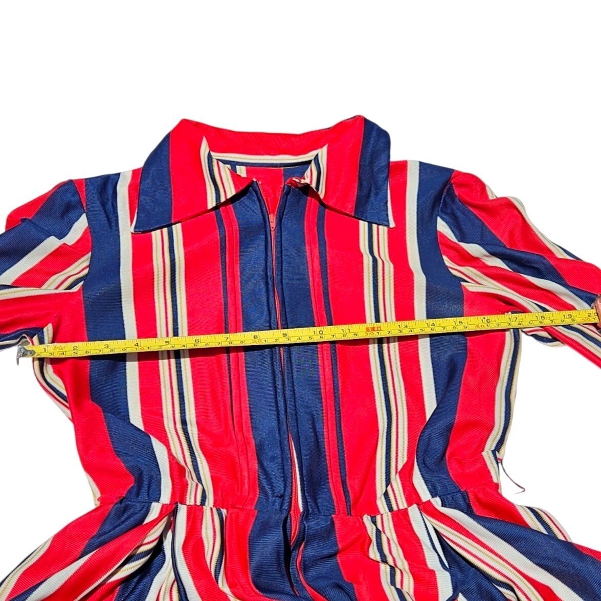 Vintage 70s California Stripe Nylon Knit Dress Red White Blue Zip Front Womens M