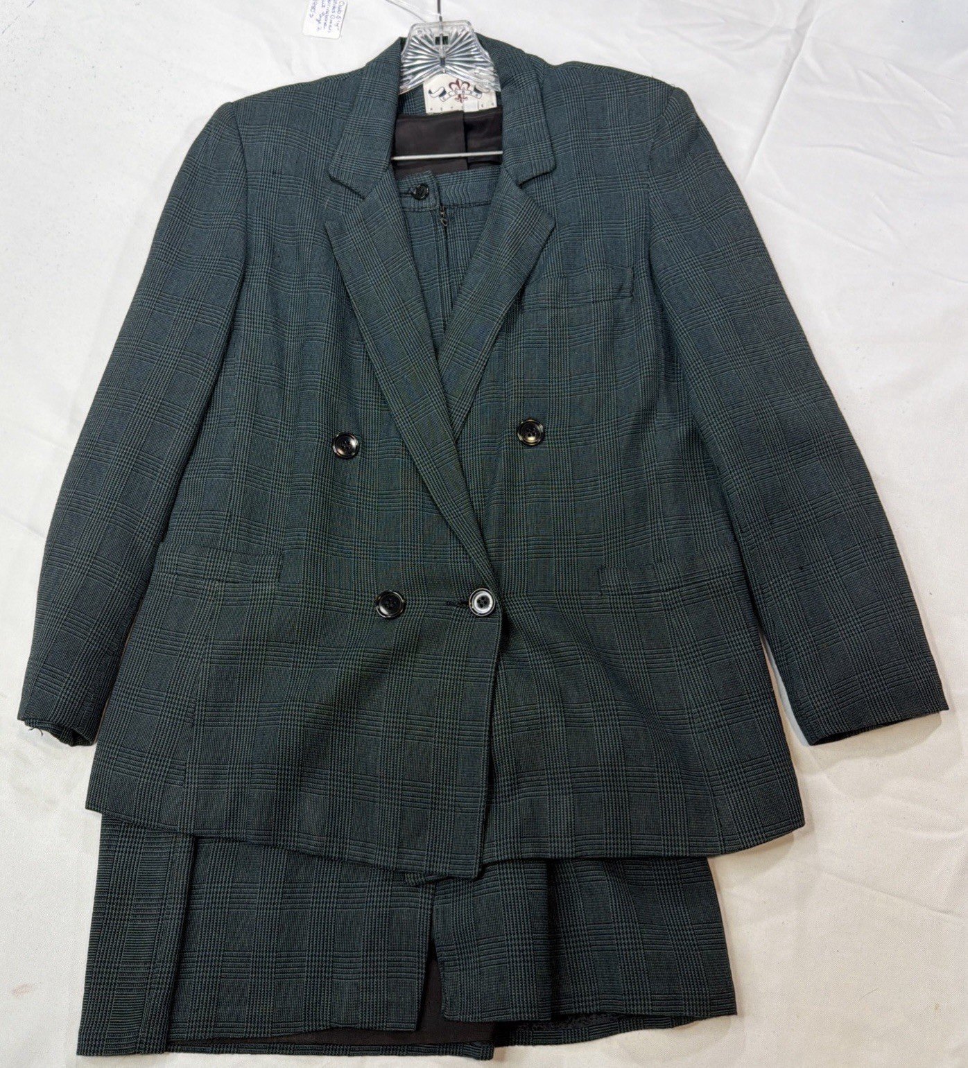 Vintage 80s Club 5’ 4” Womens 2P Green Glen Plaid Skirt Suit Blazer Made USA