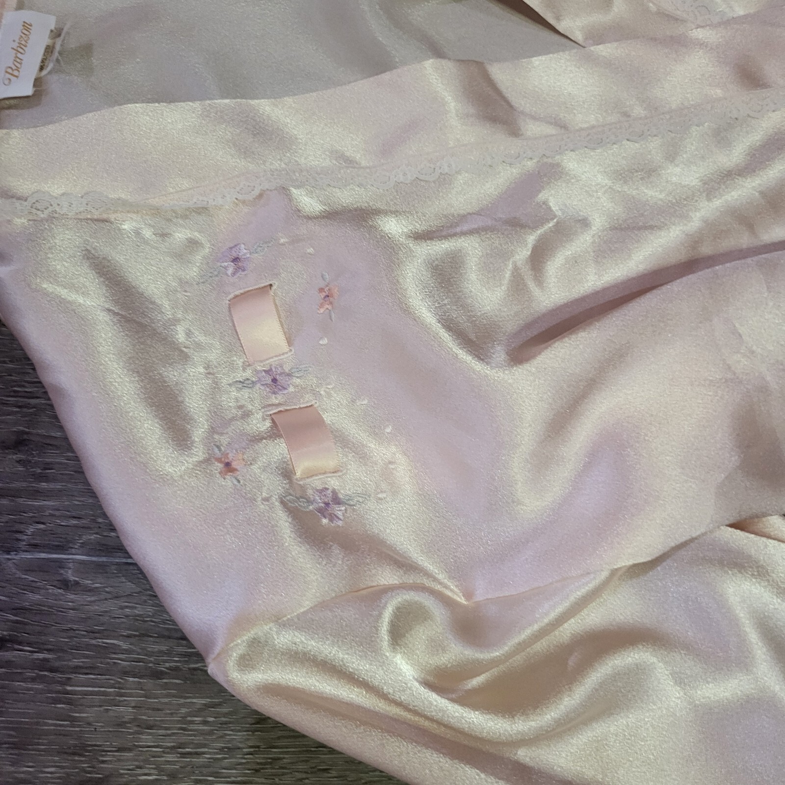 Vintage Barbizon Satin Robe Pink Nude Ribbon Embroidered Tie Sleep Tie Lace