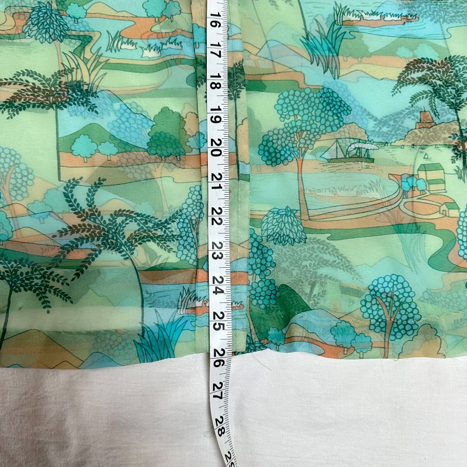 Sheer Button Down Shirt Aqua Dreamy Print Elegant Leisure Translucent Retro (M)