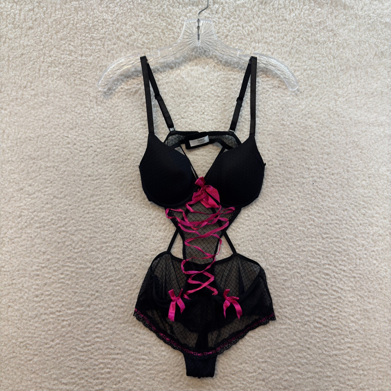 Y2K Vintage Bodysuit Lingerie Medium Black Pink Lace One Piece Sexy Lolita Goth