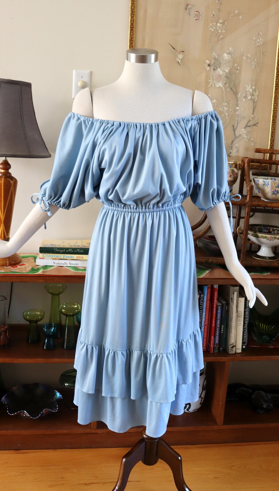 Vintage 1970s Blue Jersey Gypsy Peasant Dress M L Boho Off Shoulder Split Sleeve