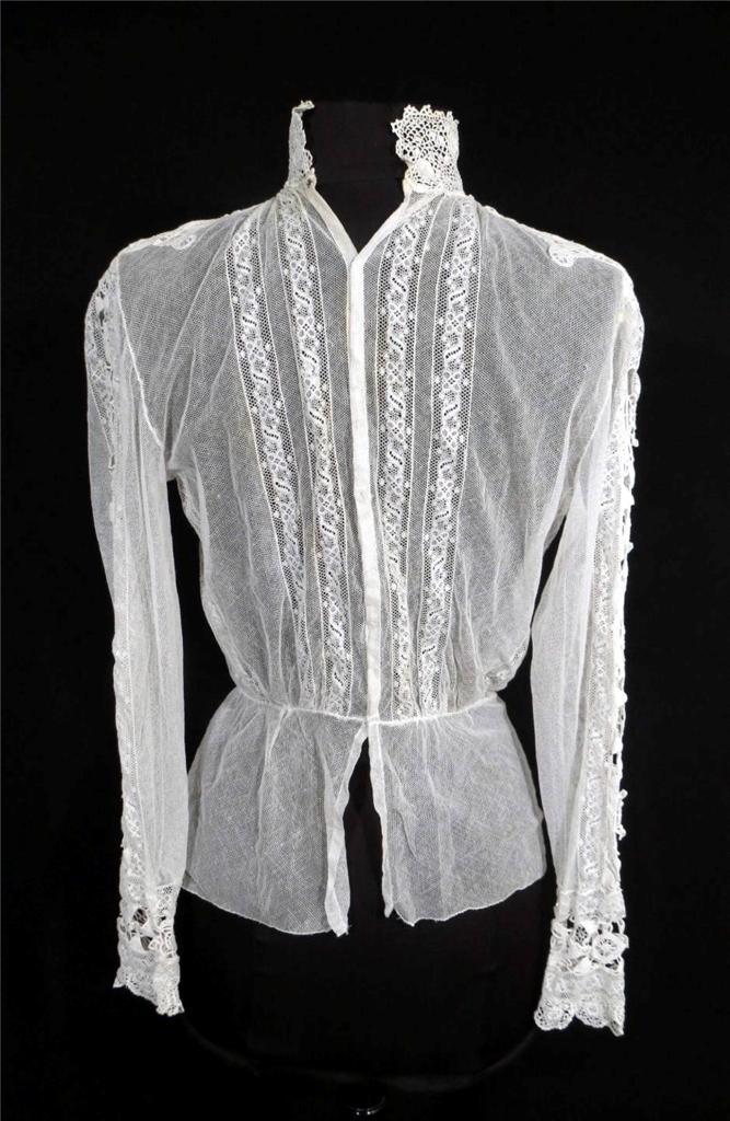 RARE ANTIQUE FRENCH VICTORIAN WHITE COTTON NET AND LACE BLOUSE SIZE 36-38