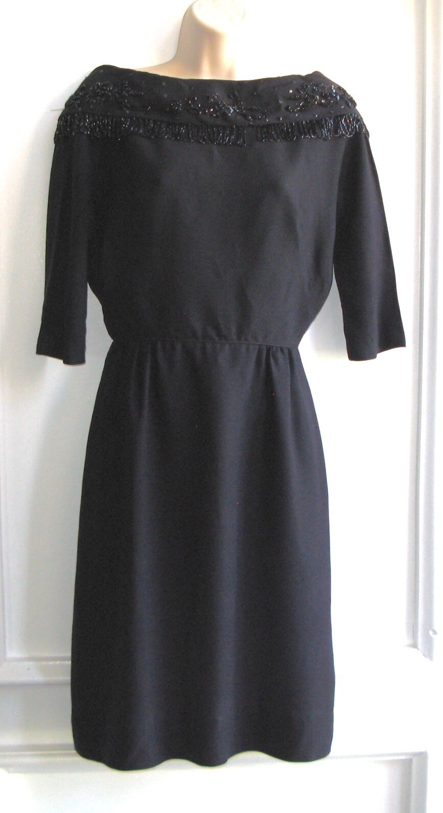Vtg Elissa of California Dress, Boat Neck, Beaded, Black, Altered, Needs Repair