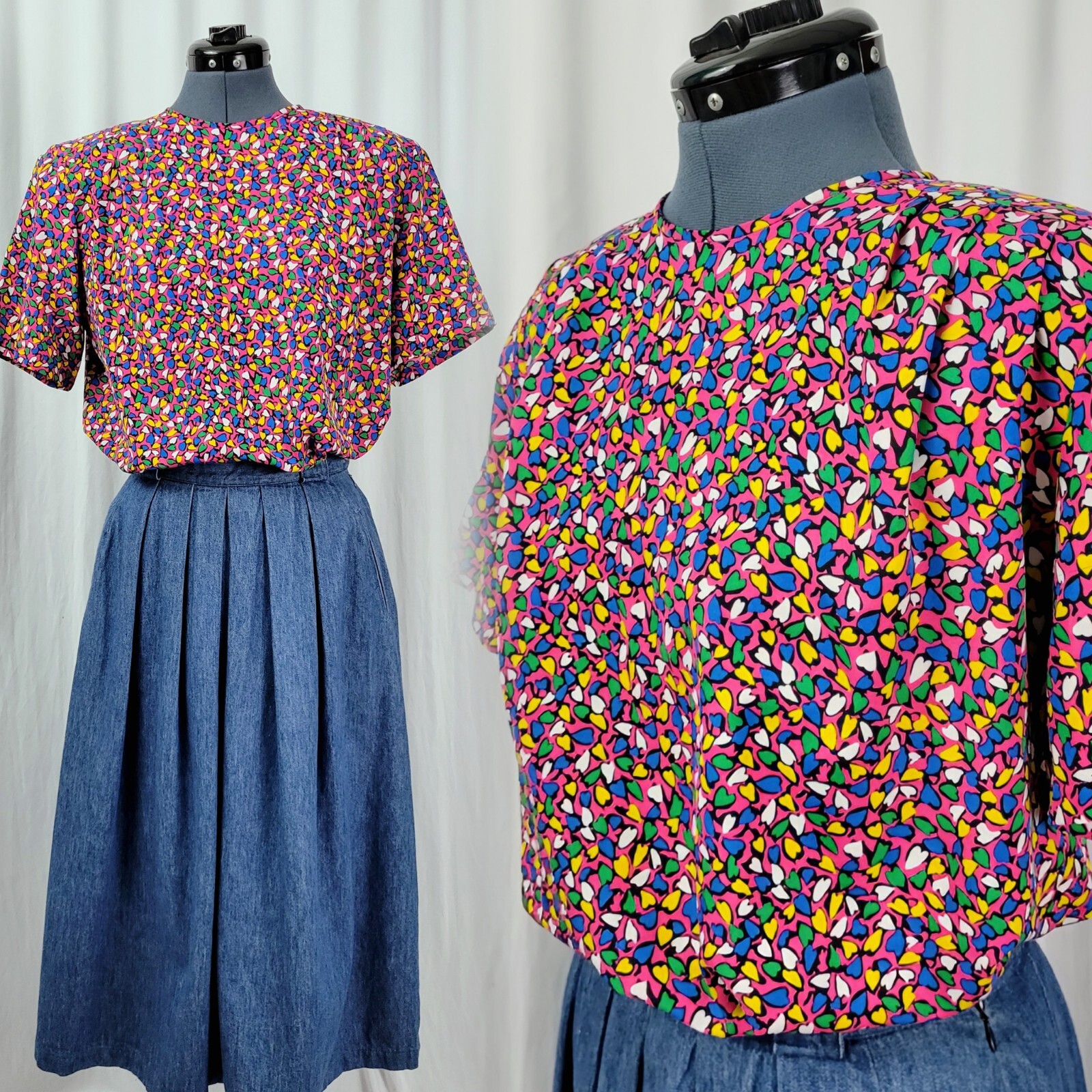 Vintage Josephine Pink S/S Blouse w Yellow/Blue/Green/White Hearts Size 8