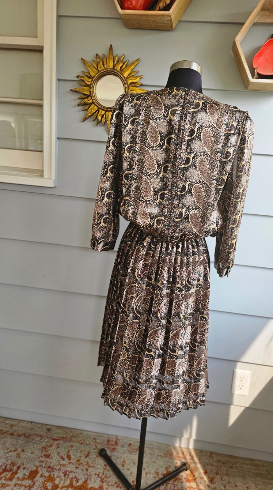 Vintage 80s Damon Petite Paisley Pleated Dress Black Gold Sheer Long Sleeve S/M