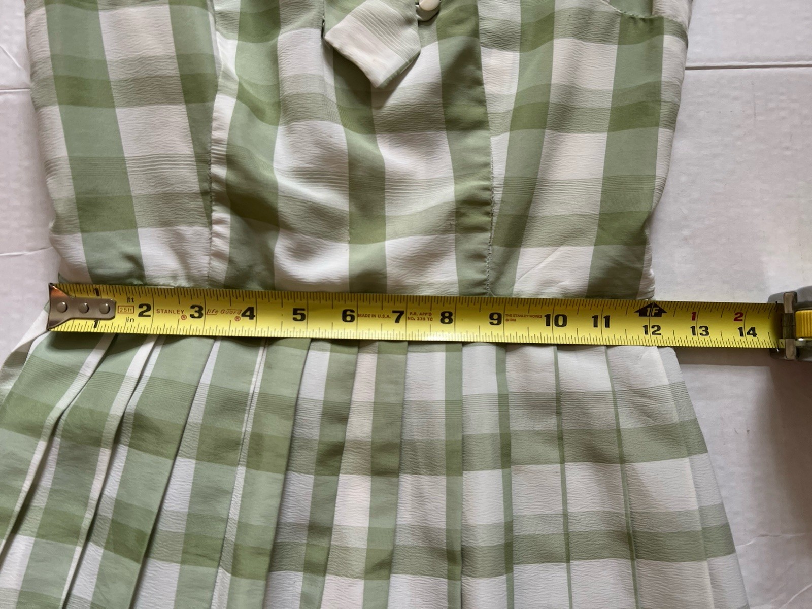 Vintage 1940-50’s Green Gingham Check Dress Zip Pleated No Sleeves XS Homemade