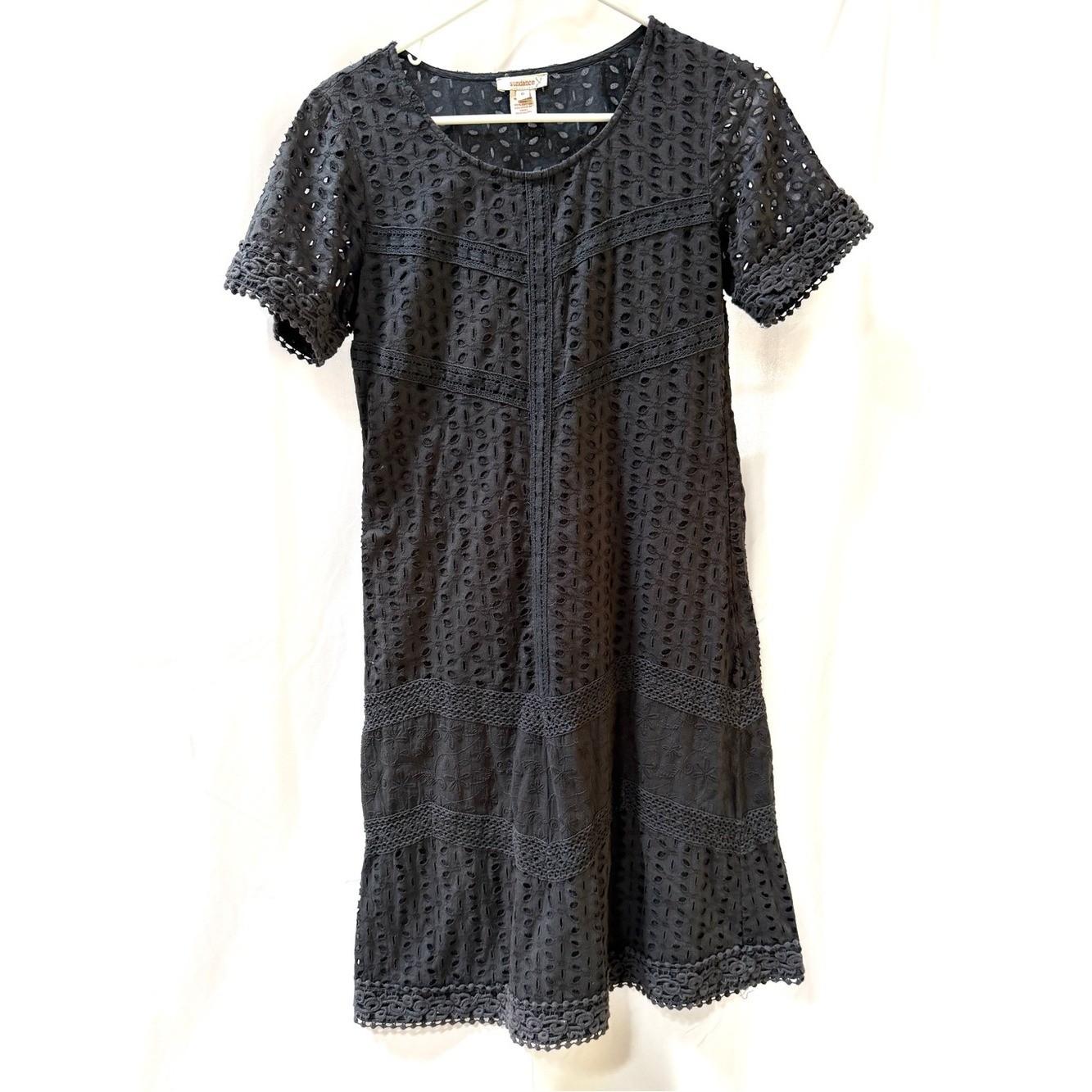 Sundance Vintage Black Eyelet Lace Short-Sleeve Shift Dress, Size S