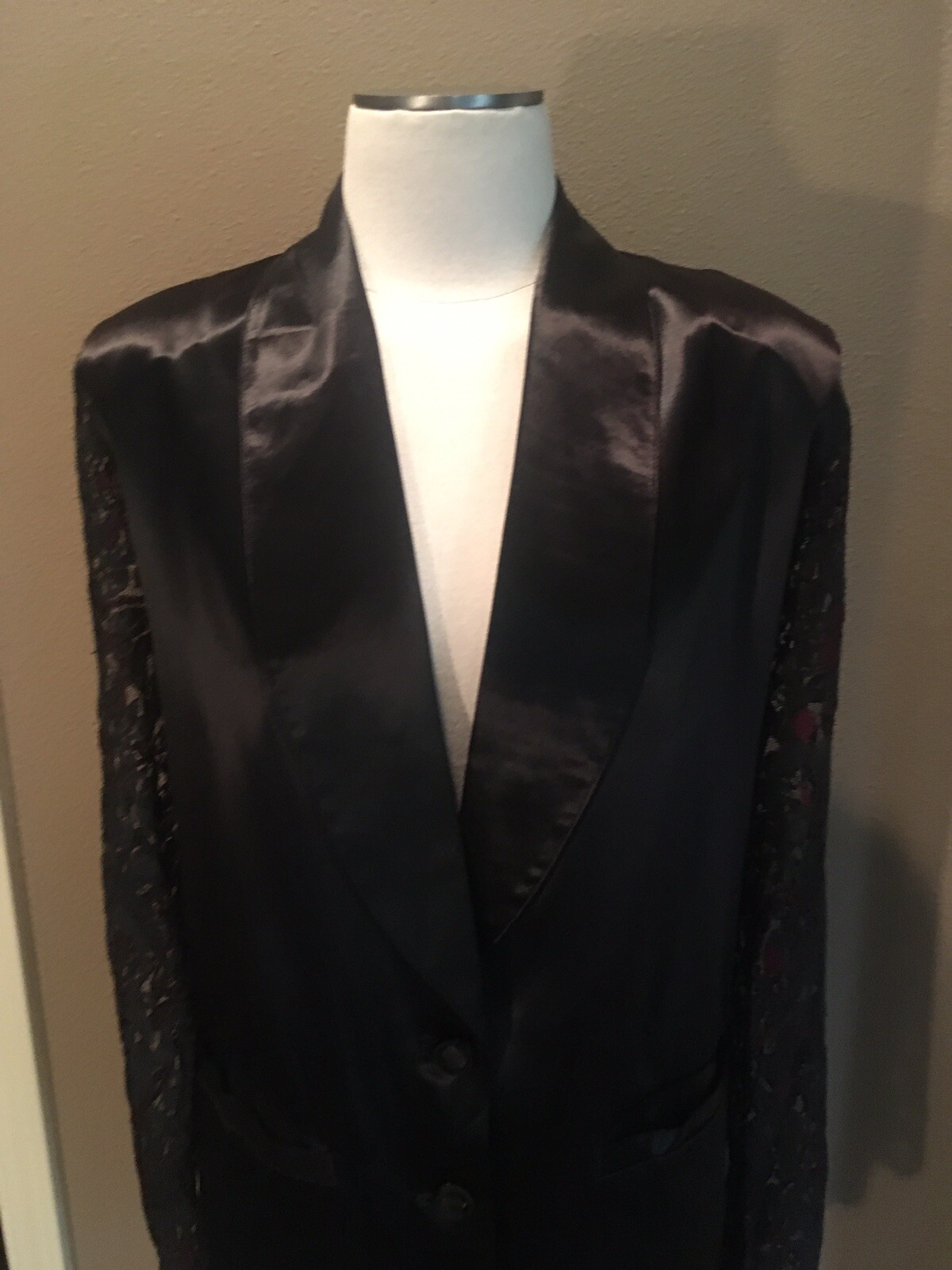 Vintage Sue Wong M Satin Tuxedo Jacket W Black & Wine Lace Sleeves