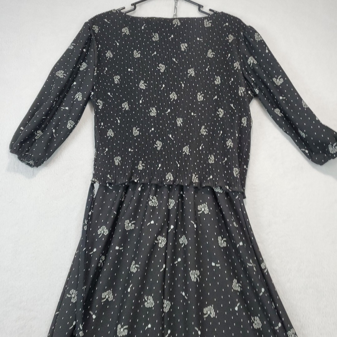 Vtg 70s Laurel Ridge Black Floral Midi Dress Smocked Overlay Top A Line Sz 15/16