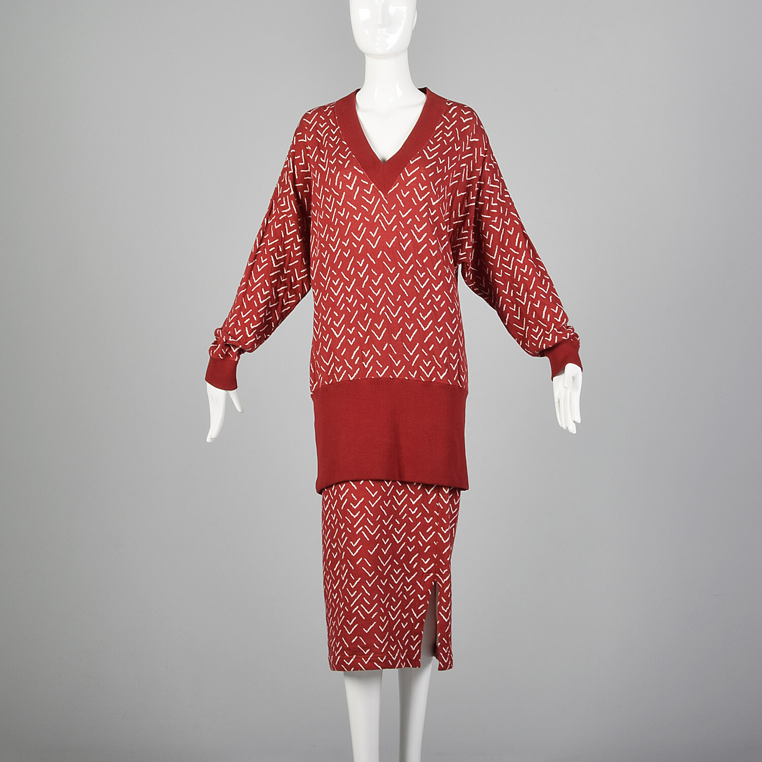 XXS Issey Miyake Plantation 1980s Red Cotton Top and Pencil Skirt Set 80s VTG