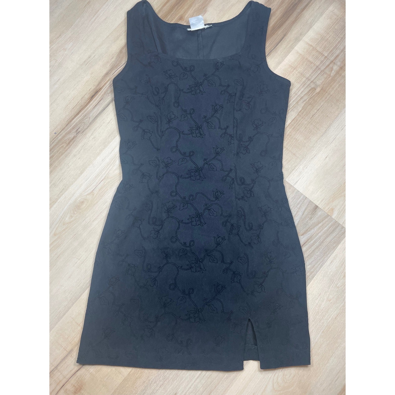 Vintage Rampage Black Floral Embroidered Square Neck Mini Dress Front Slit 7