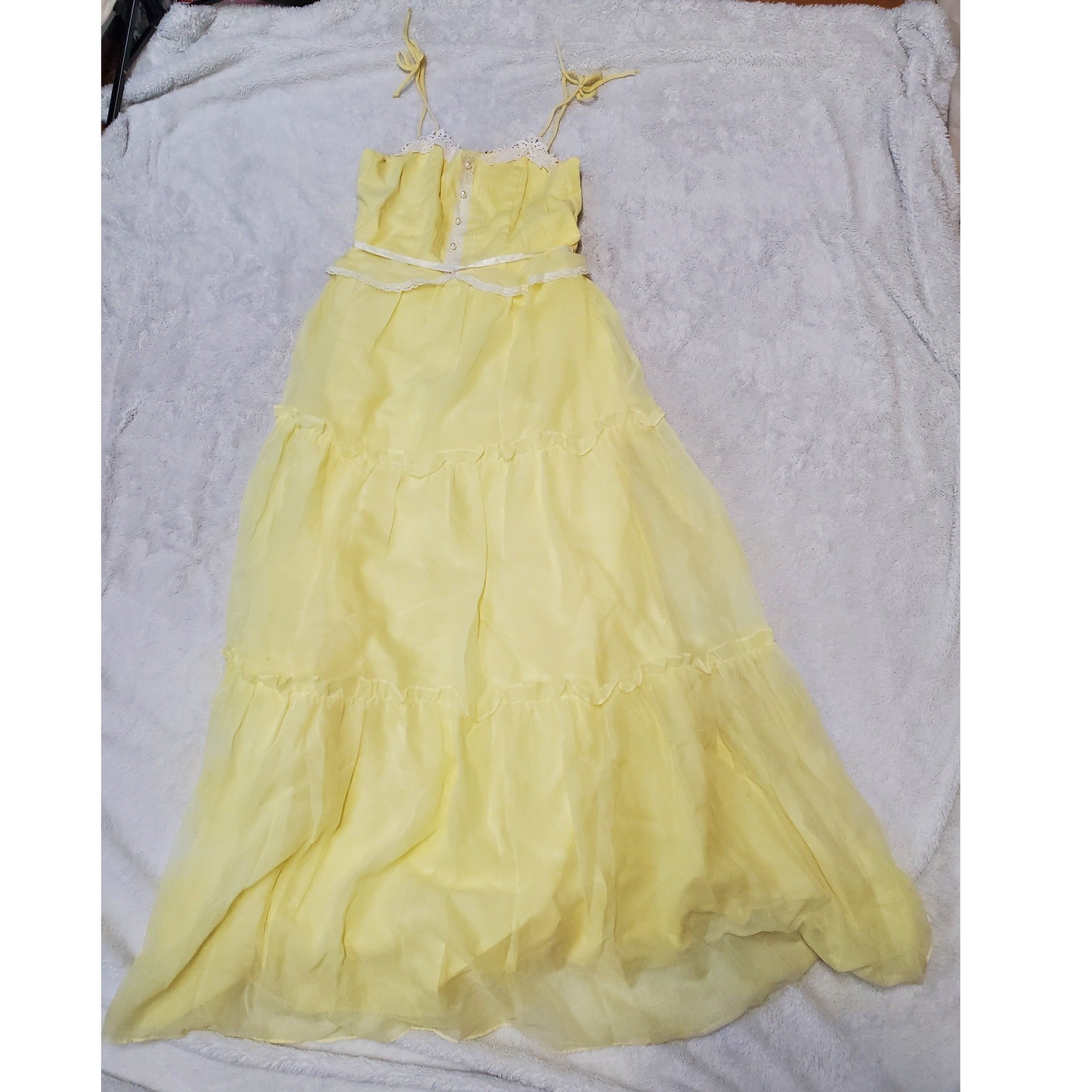 Vintage Soft Yellow White Lace Spaghetti Strap Tiered Babydoll Maxi Dress 11 XS