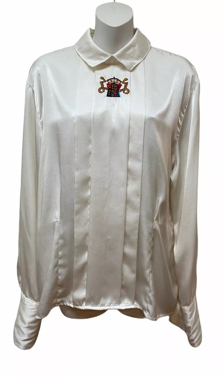 Vintage 90s High Neck Pleated Embroidered Crest French Cuff Blouse Top M L XL