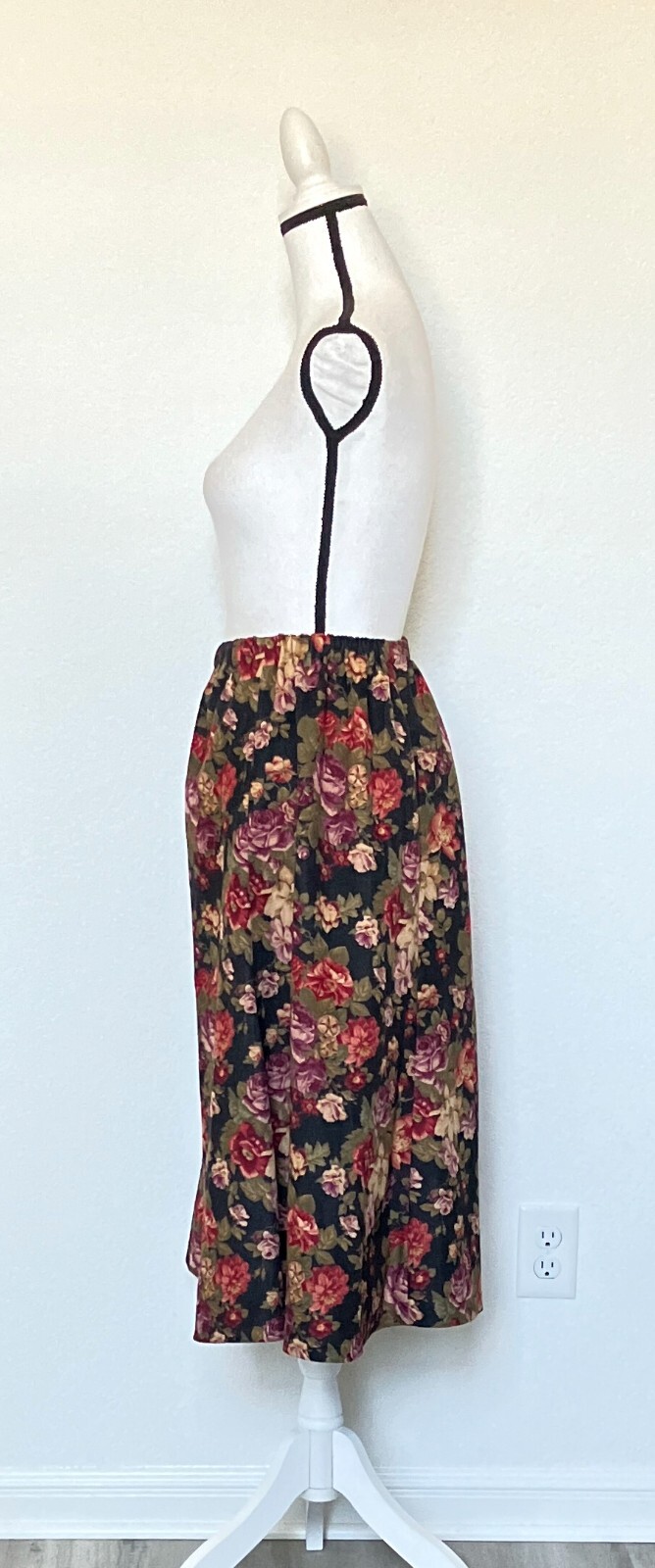 1980s Hand Sewn Floral Midi Skirt, Vtg Skirt with Elastic Waistband