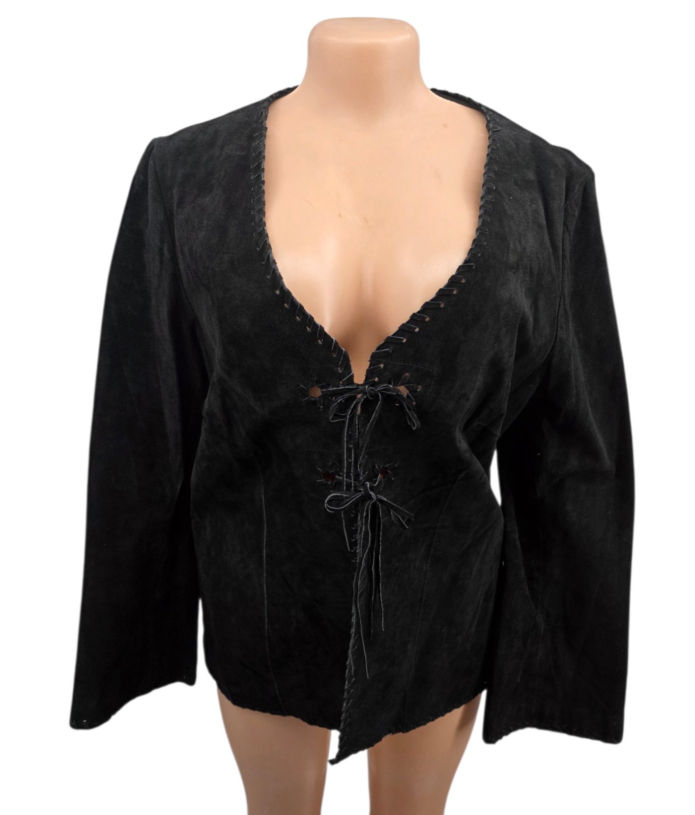 Vtg 90s Faded Glory Black Suede Leather Jacket Lace Up Whipstitch Women L 70s