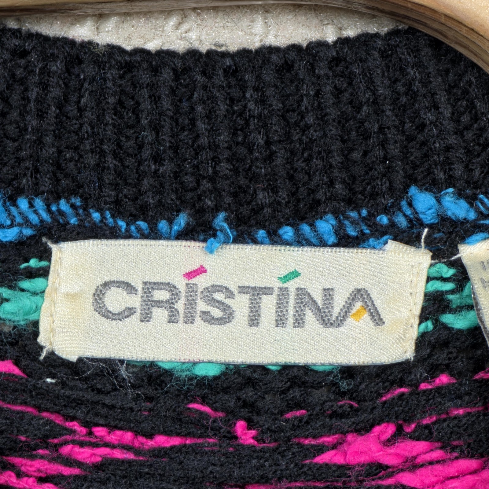 VTG 80s Cristina Sweater Women M Black Neon Aztec Cosby Chunky Knit Shoulder Pad
