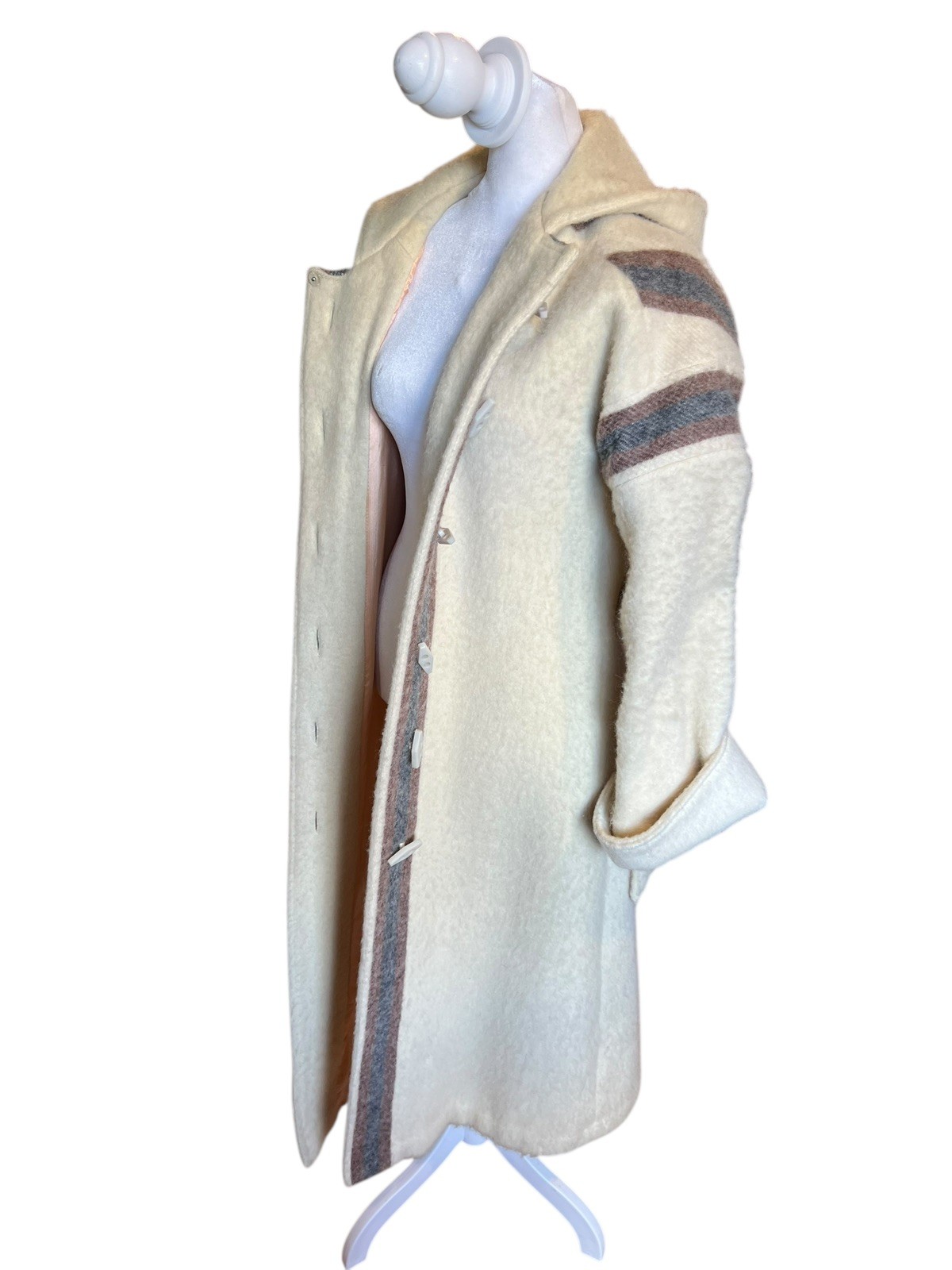 Vintage 1970s Variegated Gray Striped Wool Belted Hooded Coat Casa de Lana