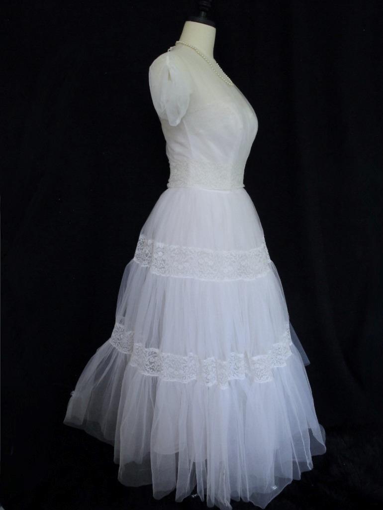Vintage 50s Emma Domb White Tulle & Lace 2pc Wedding or Prom Dress Tiered Ruffle