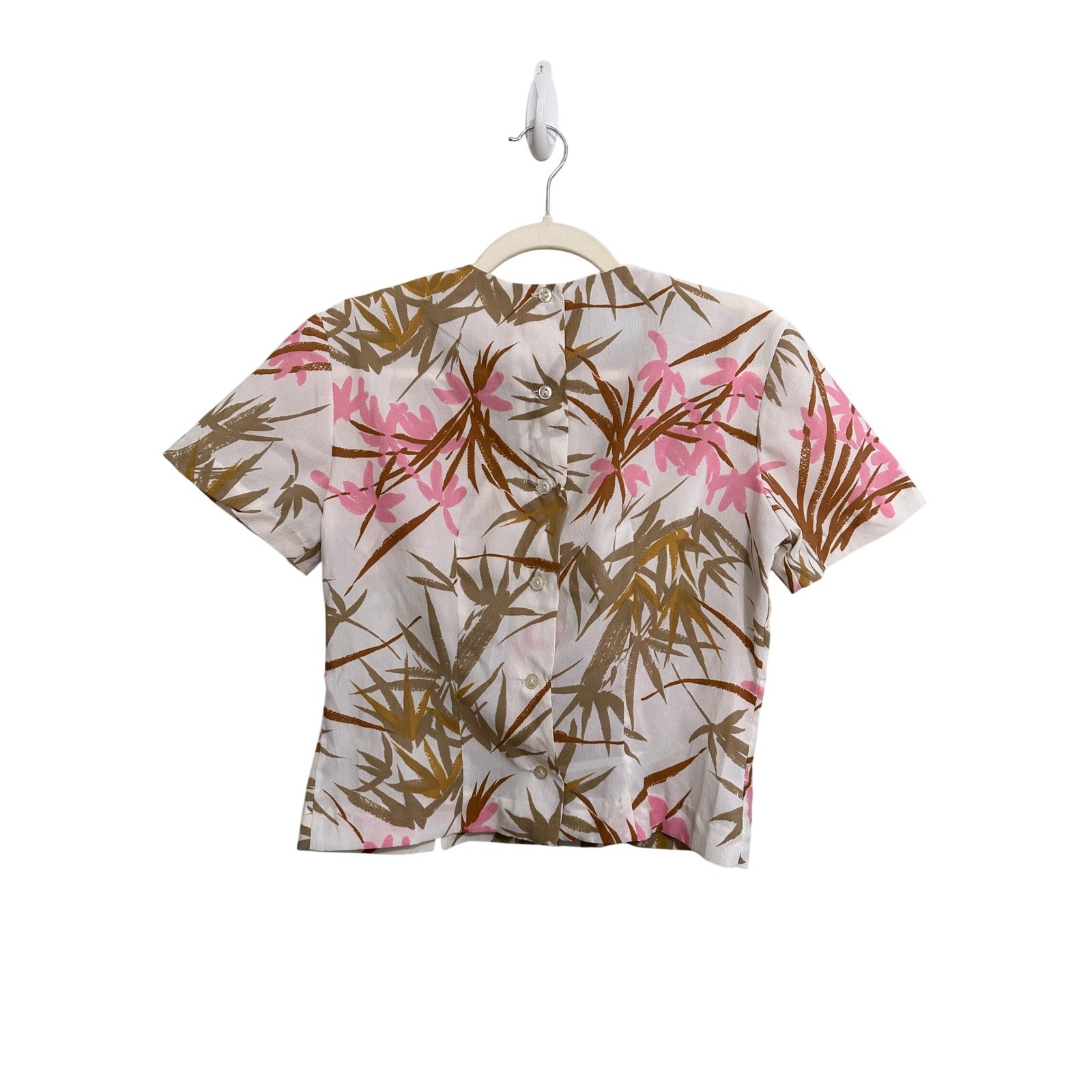 Rhoda Lee Blouse Women 34 White Pink Vintage Bamboo Floral Button Short Sleeve