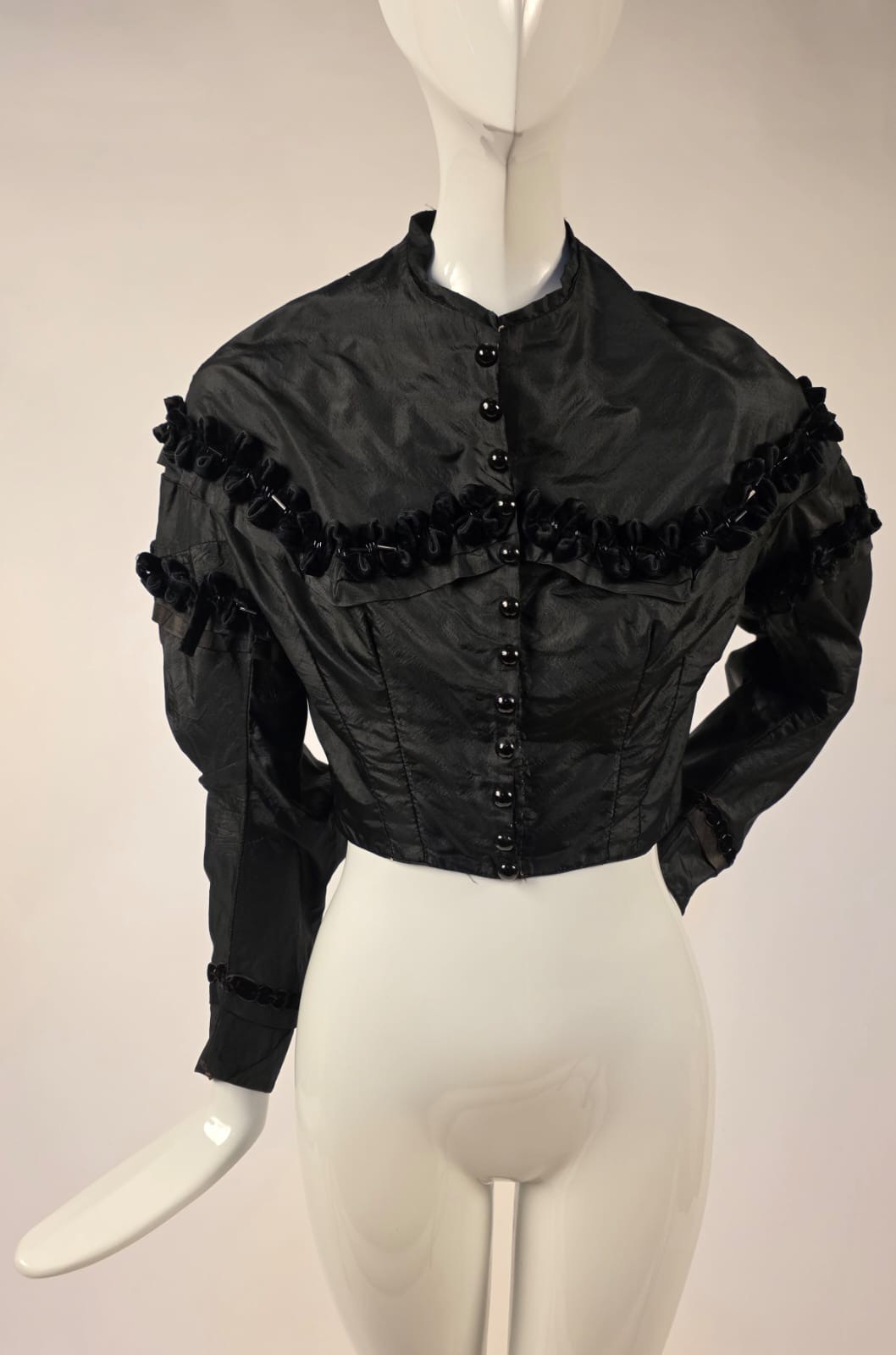 CIVIL WAR 1860’S BLACK SILK TAFFETA BODICE W SILK VELVET TRIM