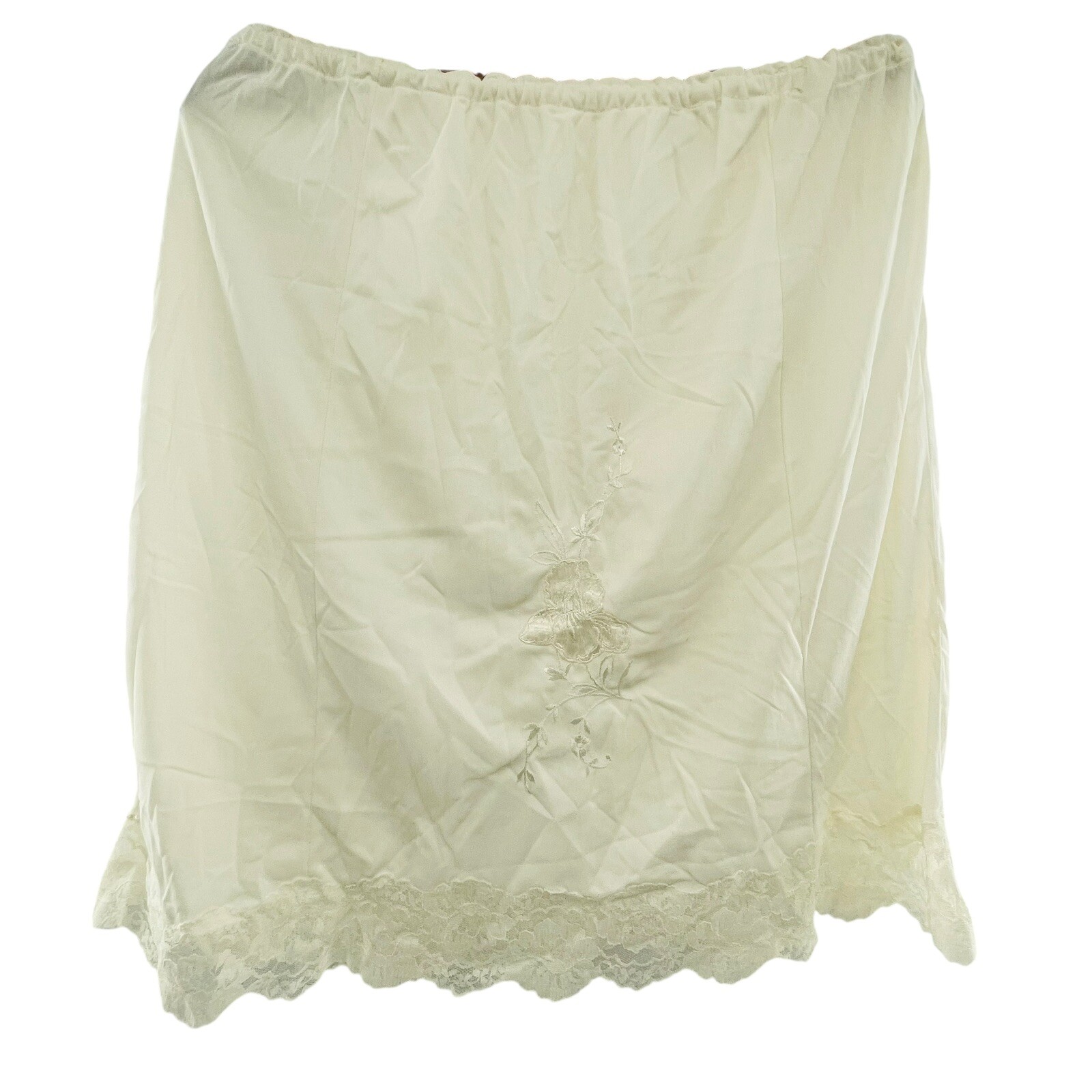 Vtg LOOMCRAFT White Half Slip Floral Embroidered Lace Silky Nylon Lace L USA