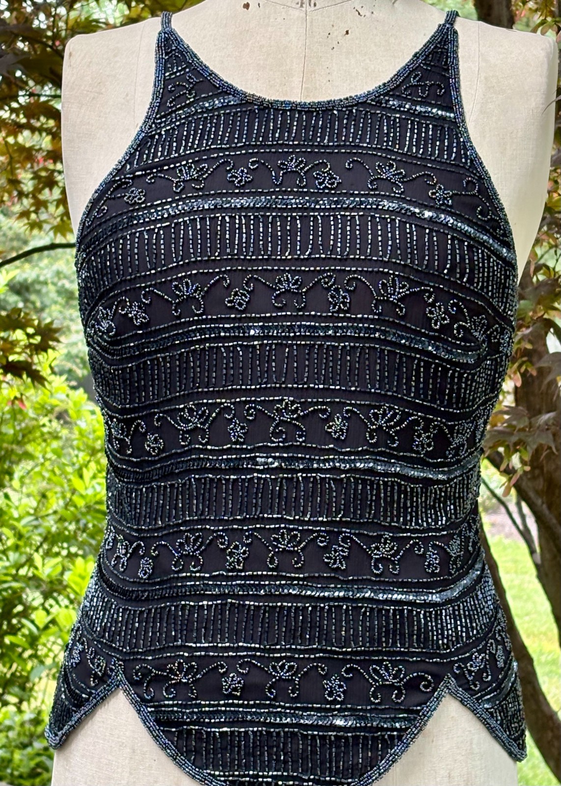 vtg BLACK silk BEADED fitted TOP CAMISOLE scallop by STENAY size XL seed & bugle
