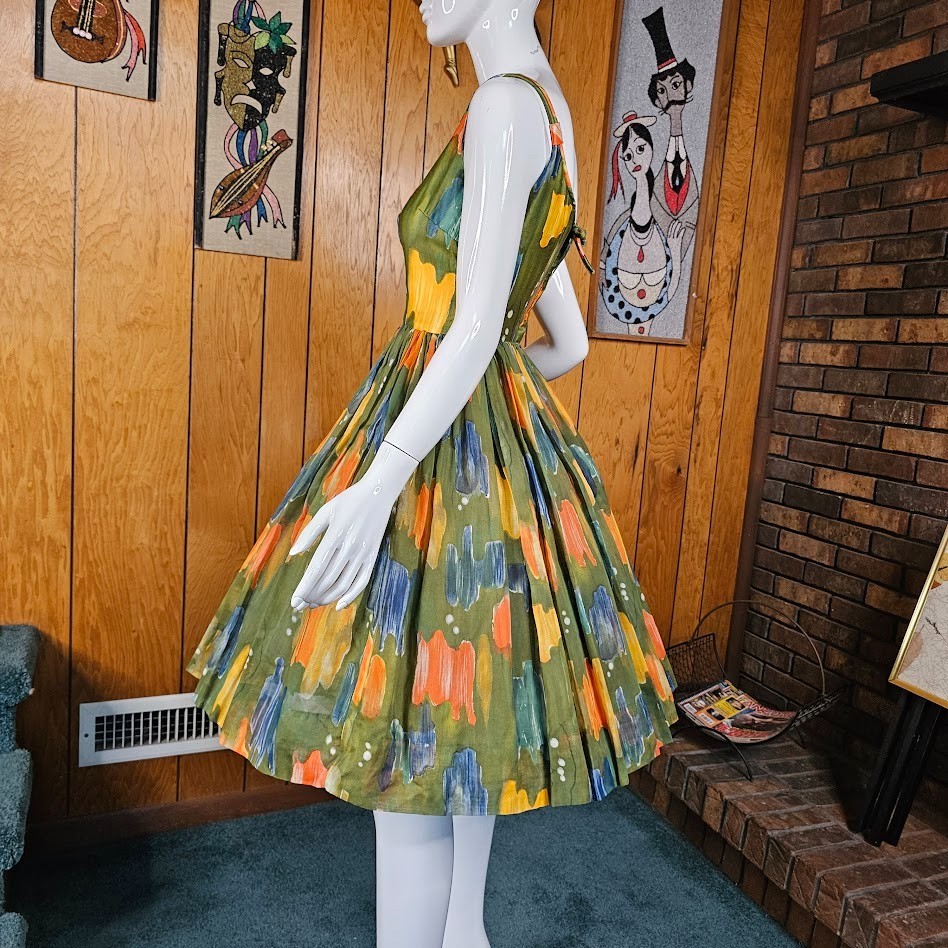 Vtg 50s Novelty Olive Paint Splatter Voile Circle Skirt Party Prom Dress XS/S P