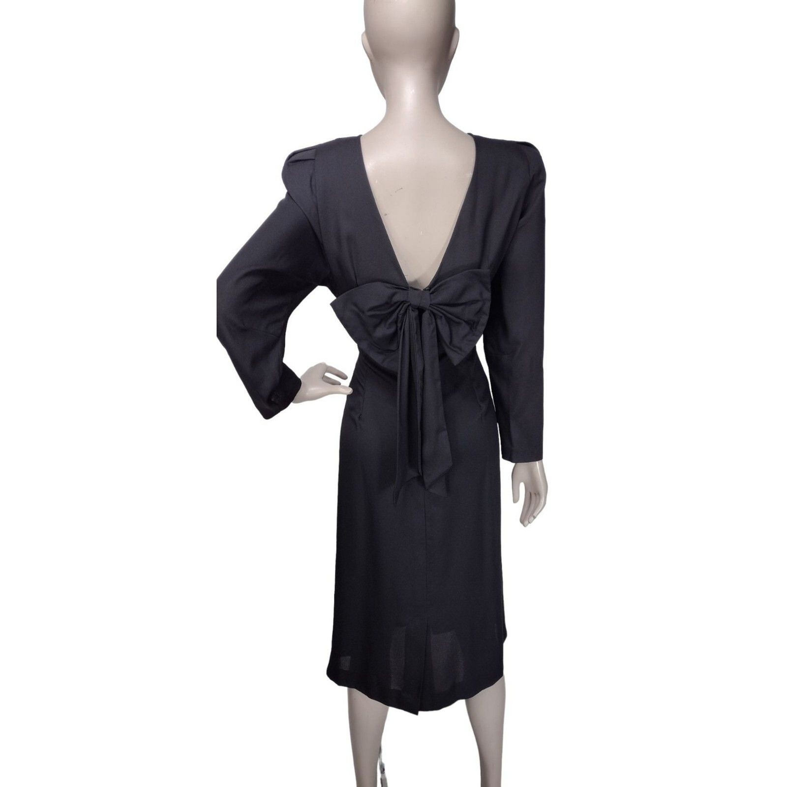 Vintage 80s Samantha Black High Shoulder Deep V-Back Big Bow-Back Midi Dress NEW