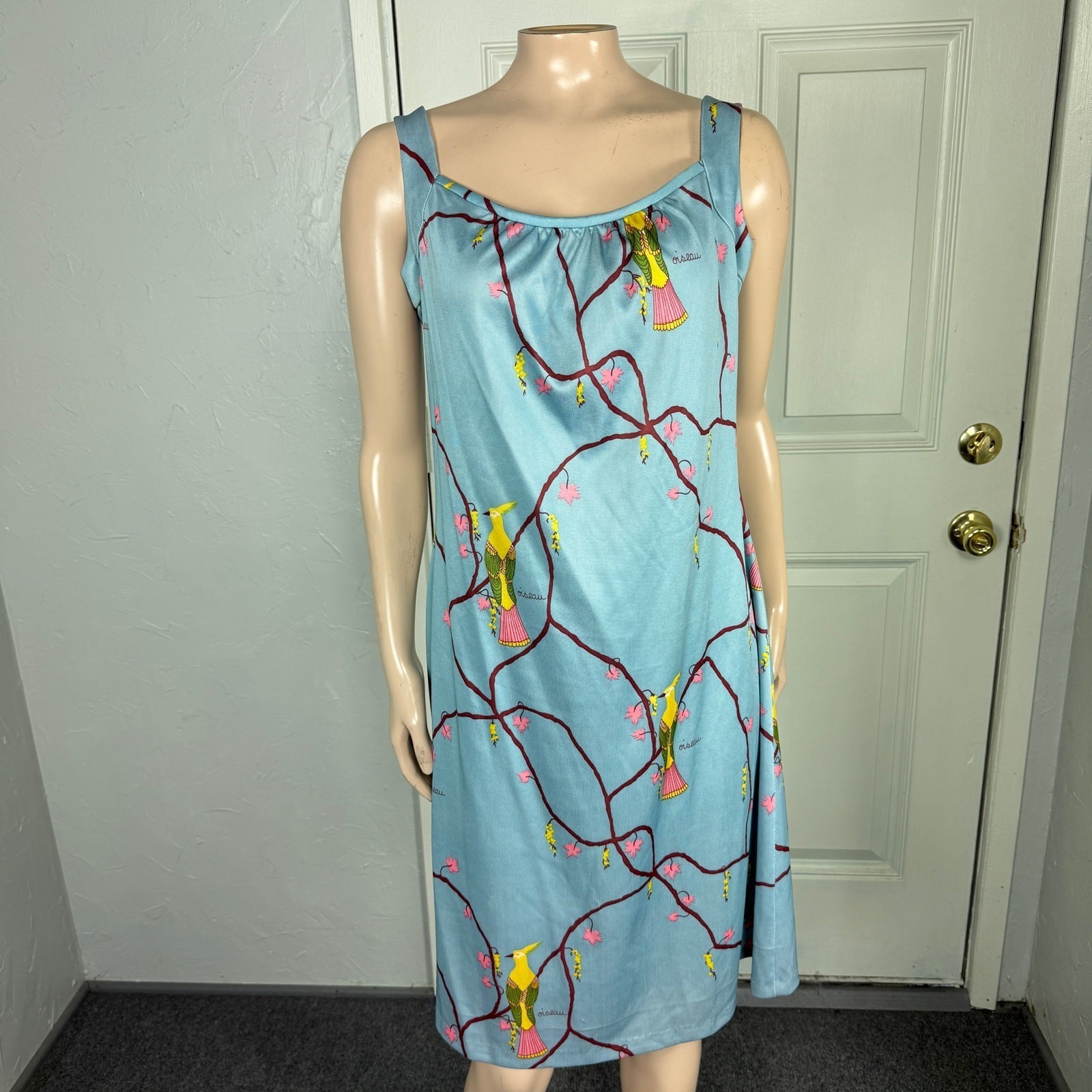Vintage 70s Kay Windsor Women’s Dress Bird novelty Print Polyester Oiseau FF23