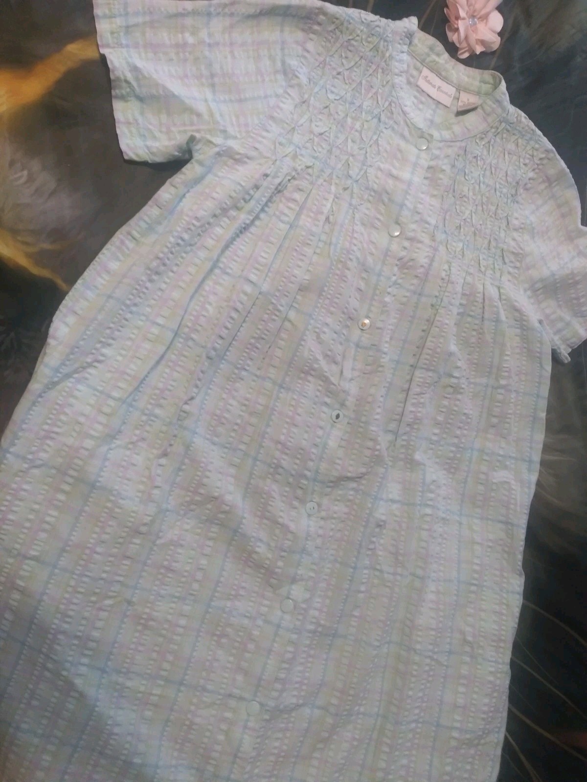 Vintage Intimate Essentials Housecoat Cotton Snap Pastel Plaid Spring Vtg Robe