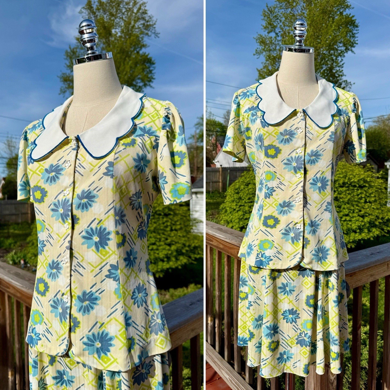 Vintage 70s Novelty Flower Print Skirt Set with Large Scalloped Peter Pan Collar