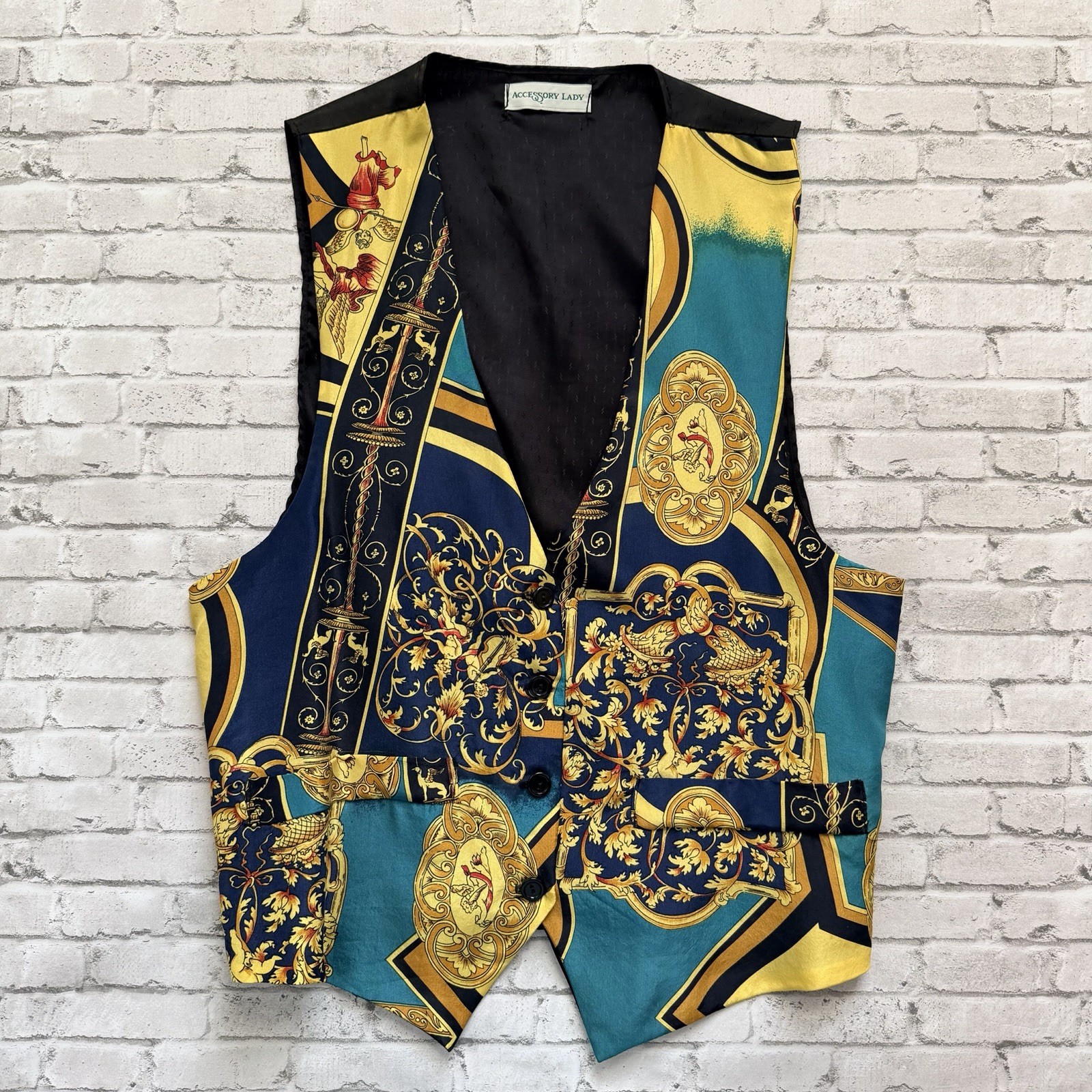 Vintage 90s Accessory Lady Gold Filigree & Cherubs Silk Vest