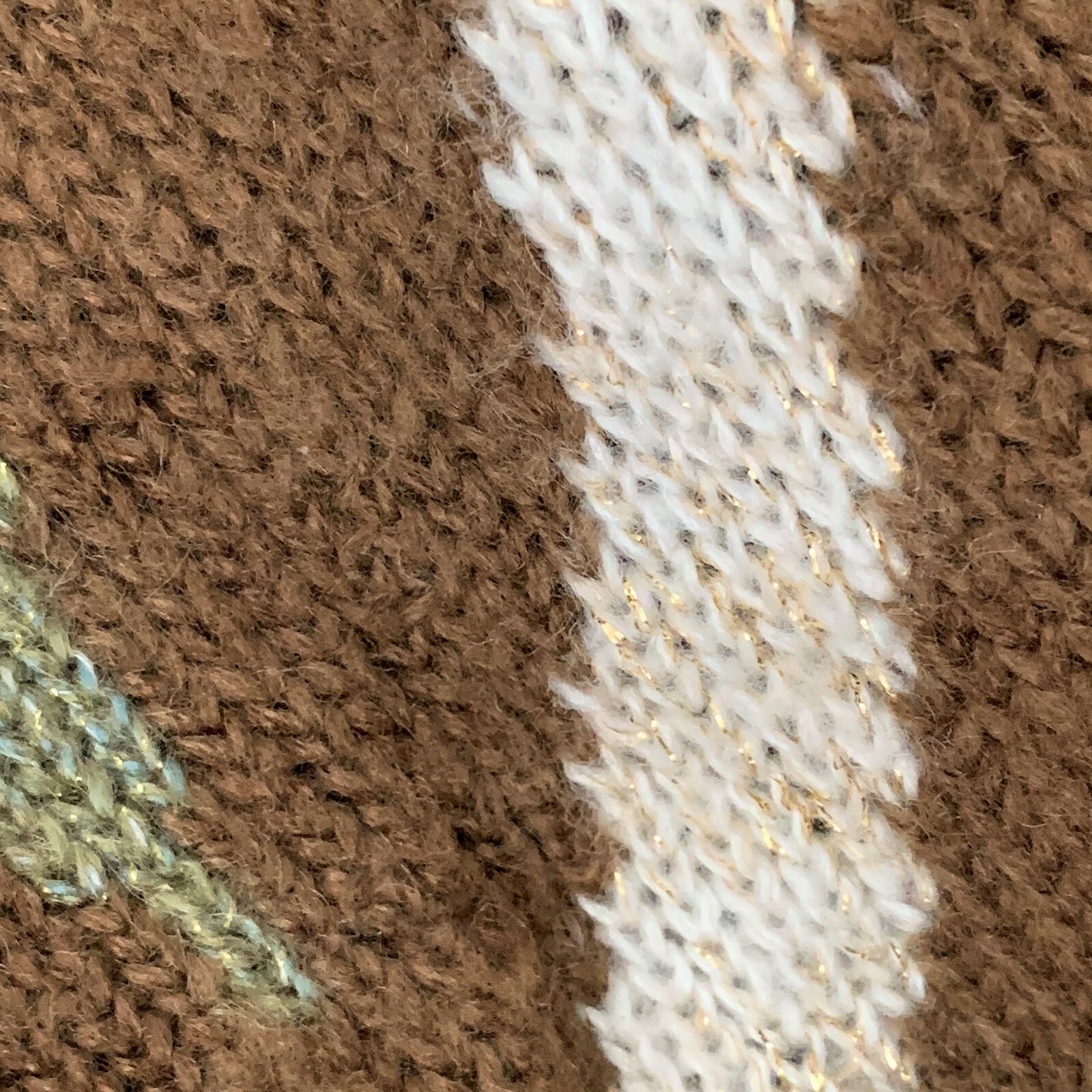 Vintage 1980’s Carducci V-Neck Sweater Brown Green White Gold Metallic Sz Medium