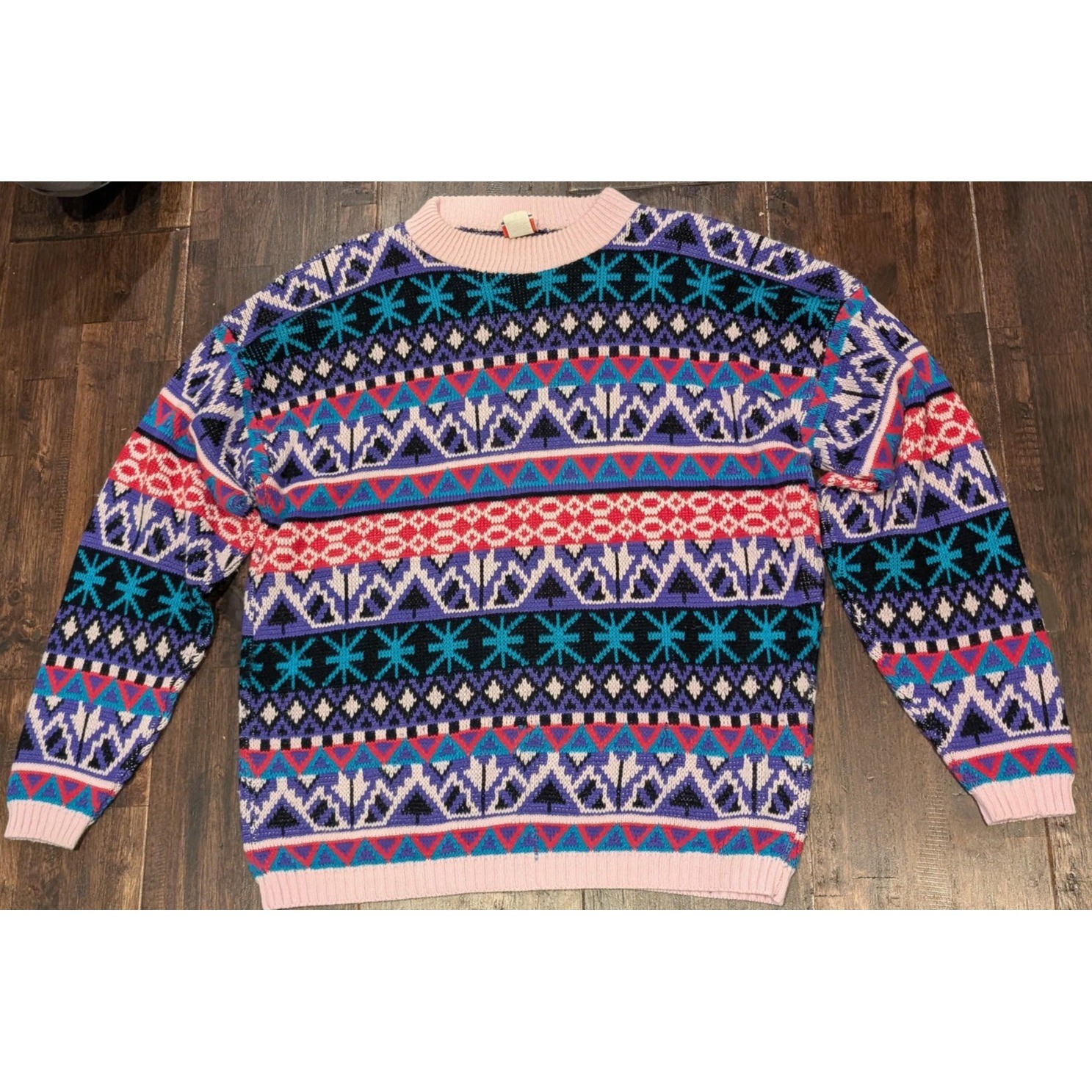 Vintage 90s RKI Knits Sweater Womens L Pink Multi Color Knitted Pullover USA