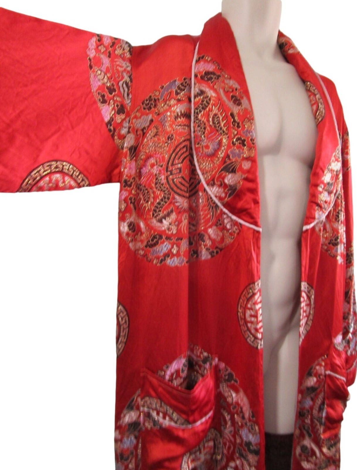 Vintage Red Kimono Robe Intricate Dragon Phoenix Coin Embroidery No Tie Damage
