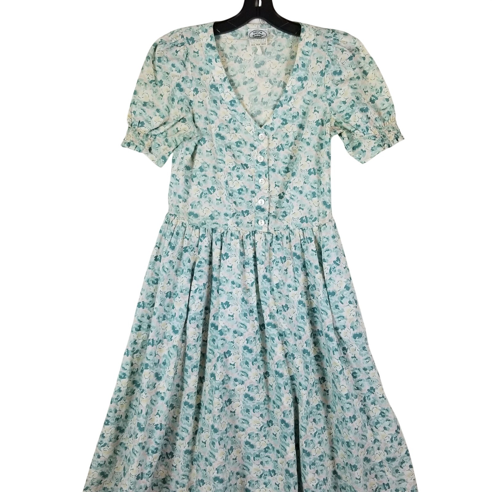 Vintage Laura Ashley Cotton Floral Midi Dress Made in Great Britain Teal USA 10