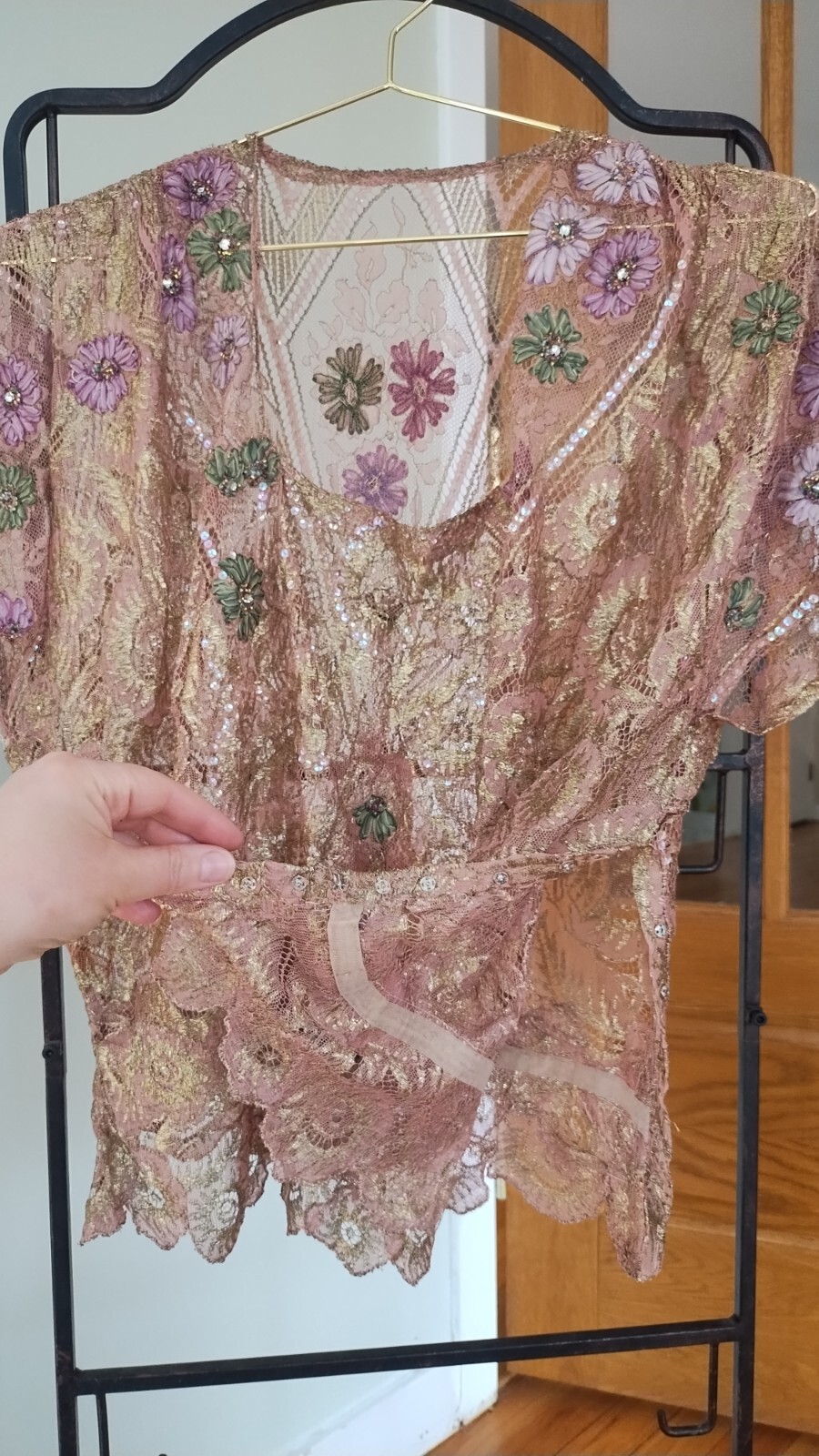 Antique 1930’s floral rose & gold lace w silk flowers & beads – L -B 44″ W: 34″