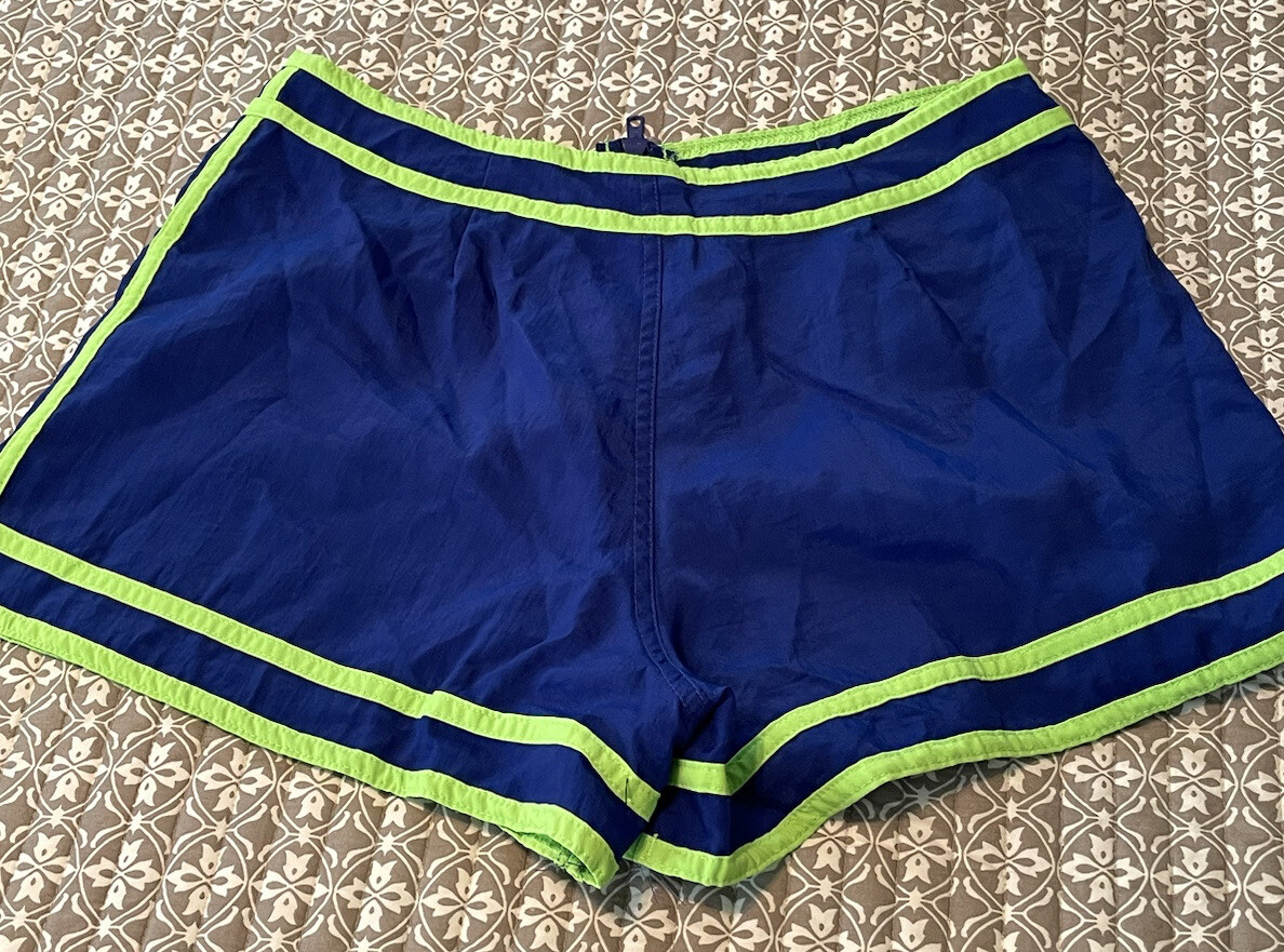 Vtg Women’s M Jantzen Front Zippered Navy W/Green Stripe Nylon Shorts Swim Jog